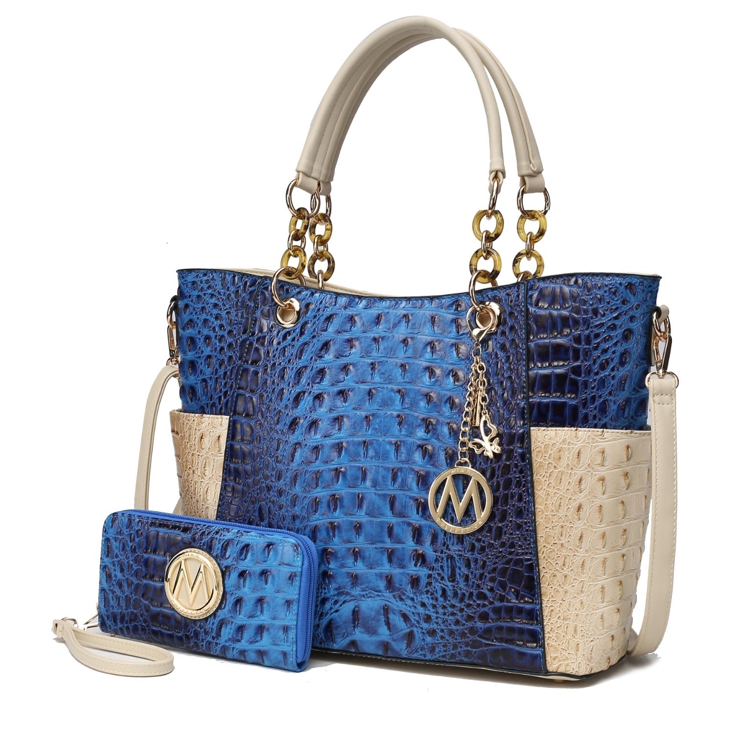 MKF Collection Merlina Faux Crocodile-Embossed Vegan Leather Women's Tote Bag With Matching Wallet By Mia K - Navy-beige