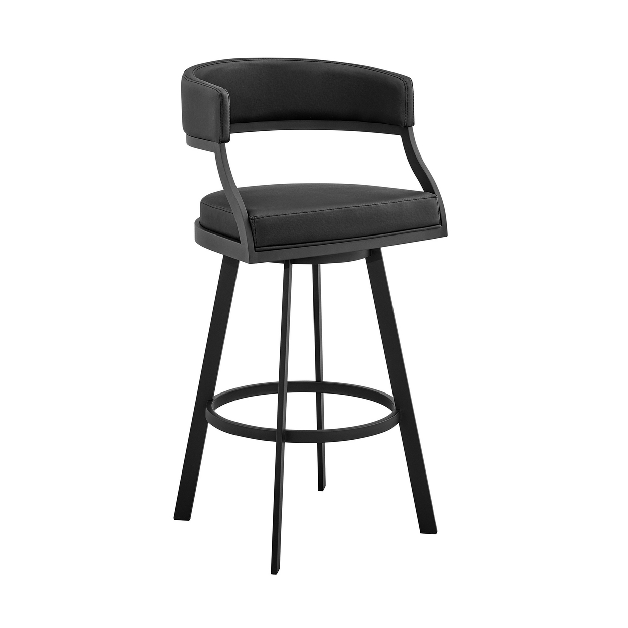 Ava 30 Inch Modern Swivel Bar Stool Chair, Round Black Faux Leather Seat- Saltoro Sherpi
