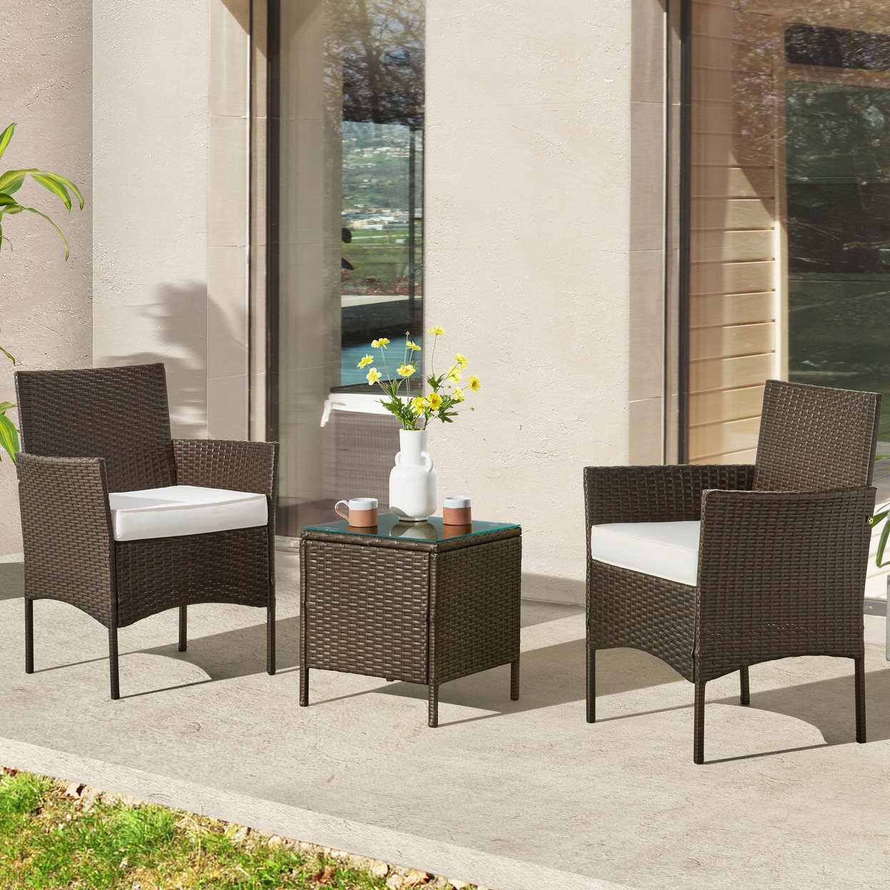 Patio Furniture Set 3pc Outdoor Rattan Seating 2 Cushioned Chairs Table, Brown