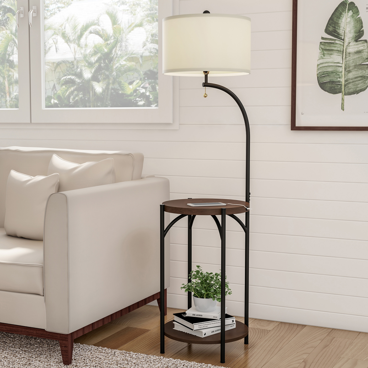 2 Shelf Accent End Table Floor Lamp Metal Legs Light USB Charging Port Bed Side