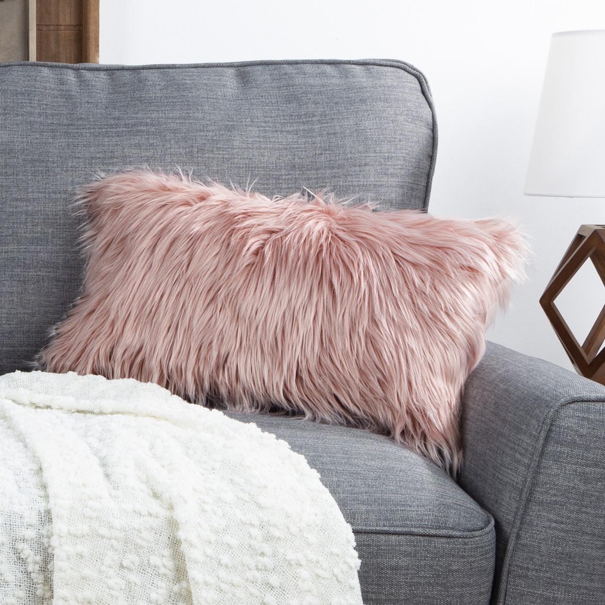 20 X 12 In Himalayan Faux Fur Rectangle Throw Accent Pillow Removable Cover - Pink