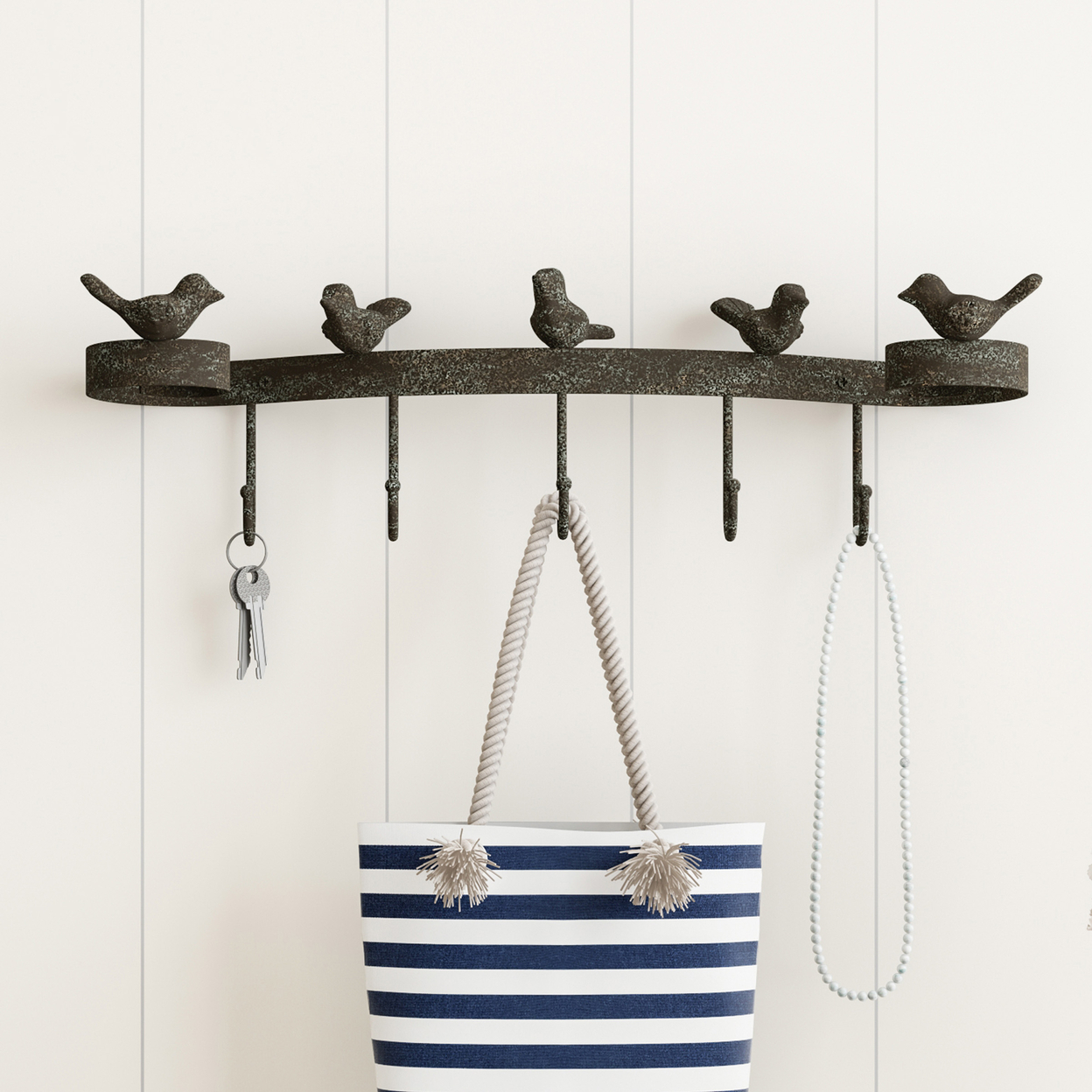 Cast Iron Rustic Birds With 5 Hooks Wall Mounted Home Decor 19 In Wide