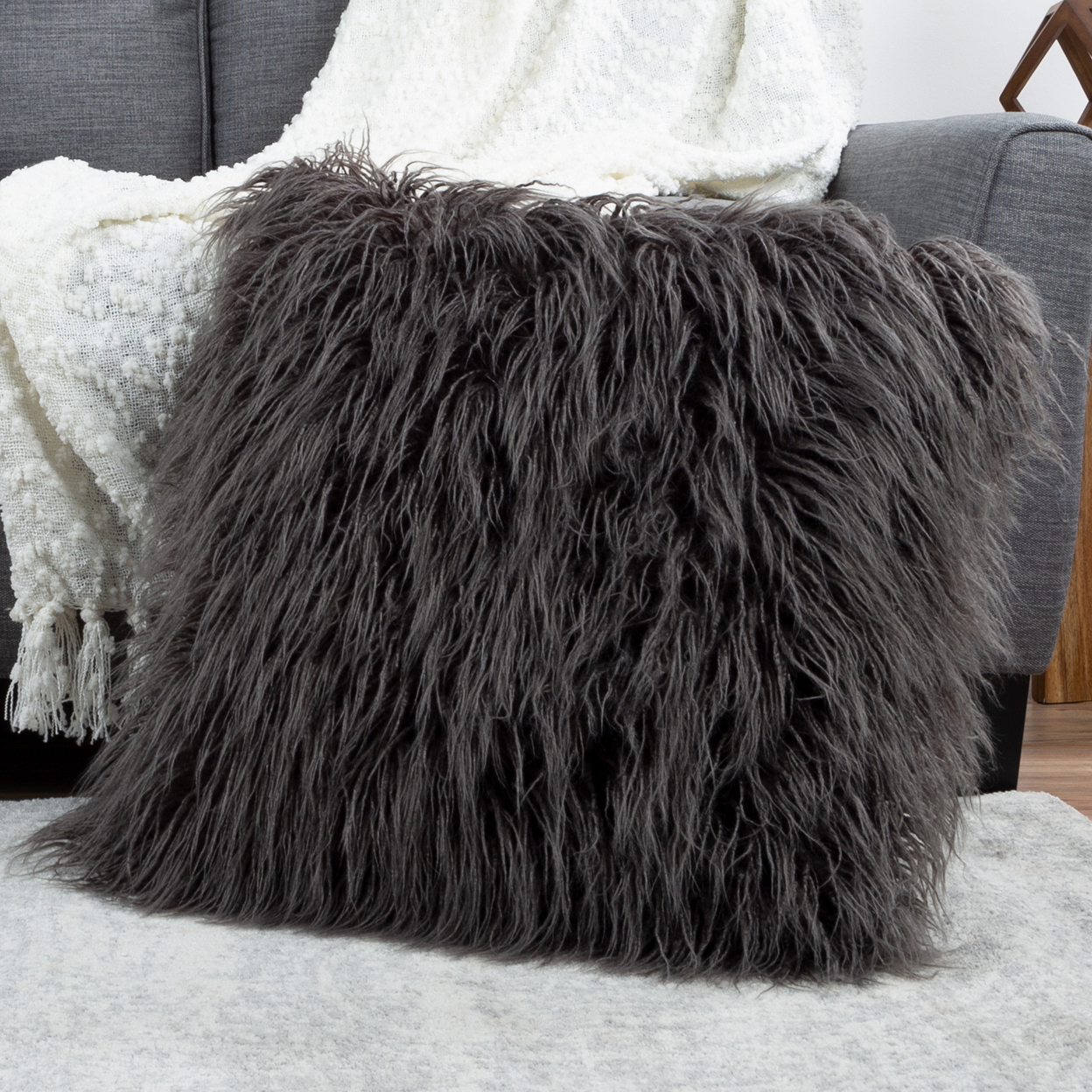 22 In Mongolian Faux Fur Throw Accent Pillow 7 In Thick Square Shag Style XL - Gray