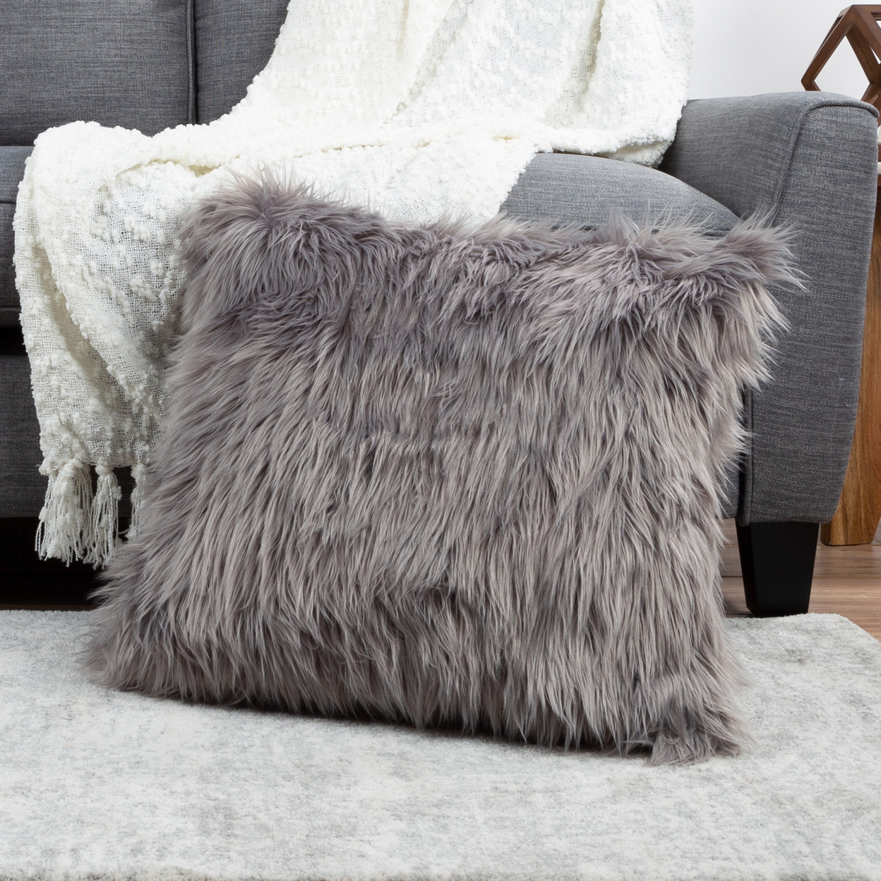 22 Inch Himalayan Faux Fur Square Thick Throw Accent Pillow Removable Cover XL - Gray