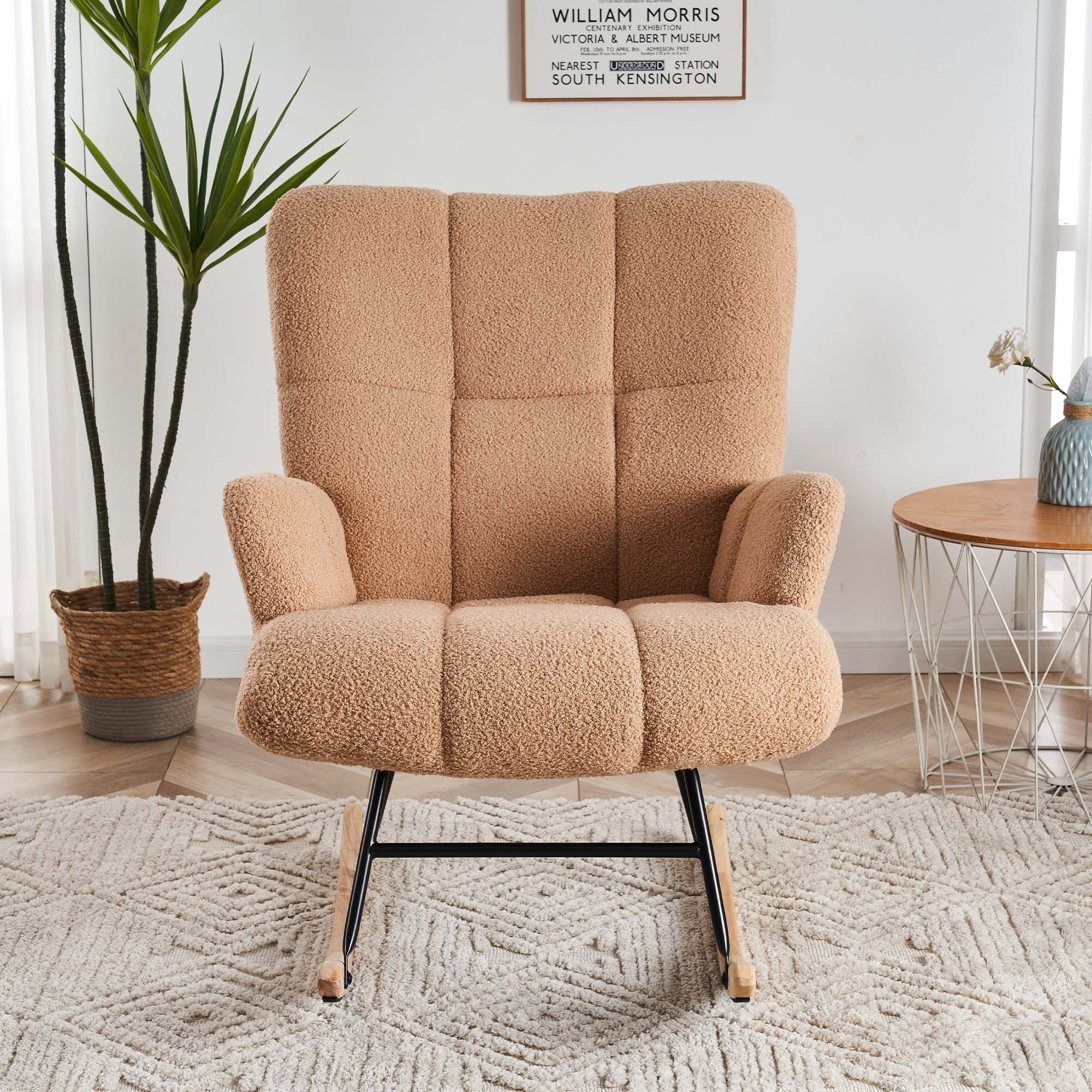 Modern Soft Teddy Glider Rocker With Padded Seat And High Backrest, Rocking Chair Nursery, Comfy Velvet Upholstered Wingback Accent Chair