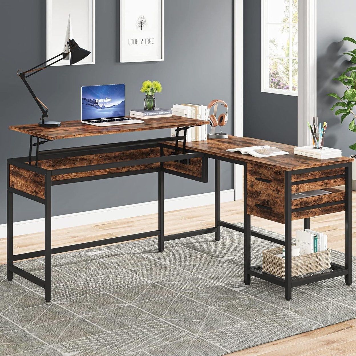 Tribesigns L-Shaped 59 Large Computer Desk With Drawers, Corner Desk With Lift Top