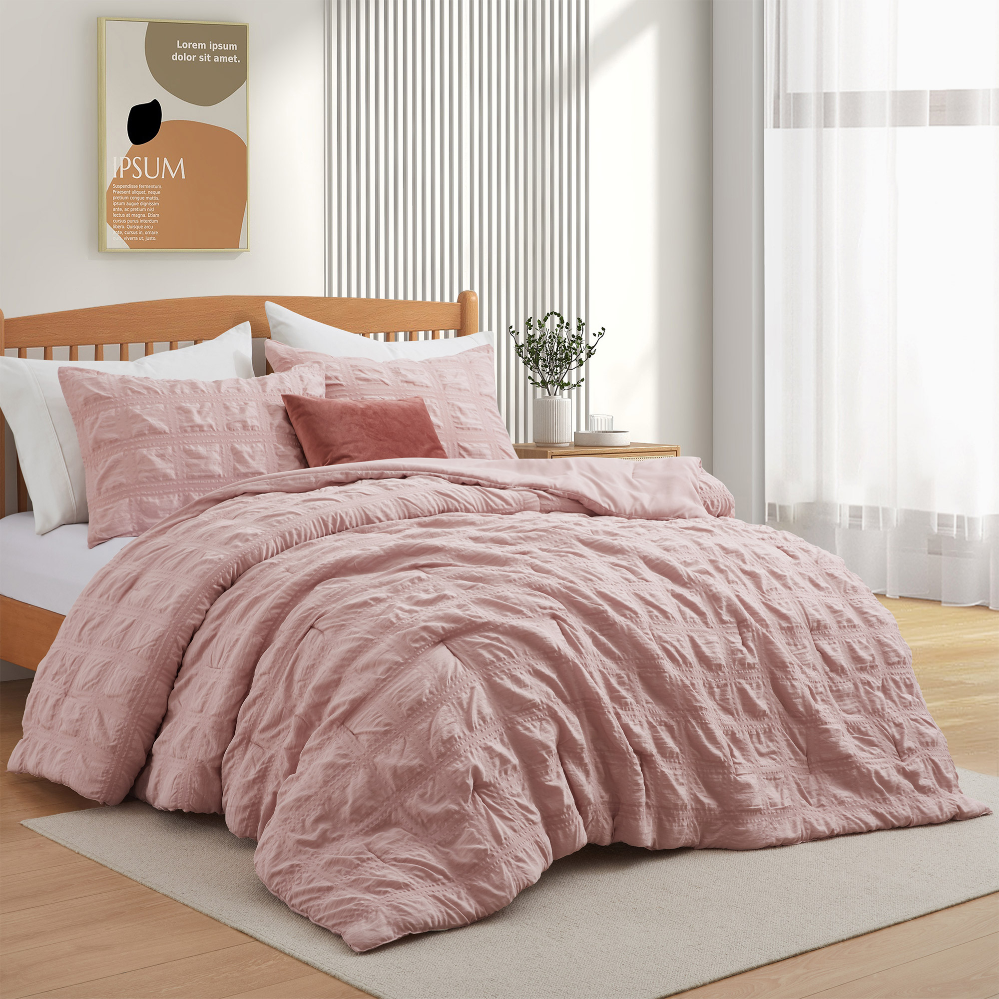 All Season Crinkle Textured Down Alternative Comforter Set-Seersucker Bedding Set - Pink, King