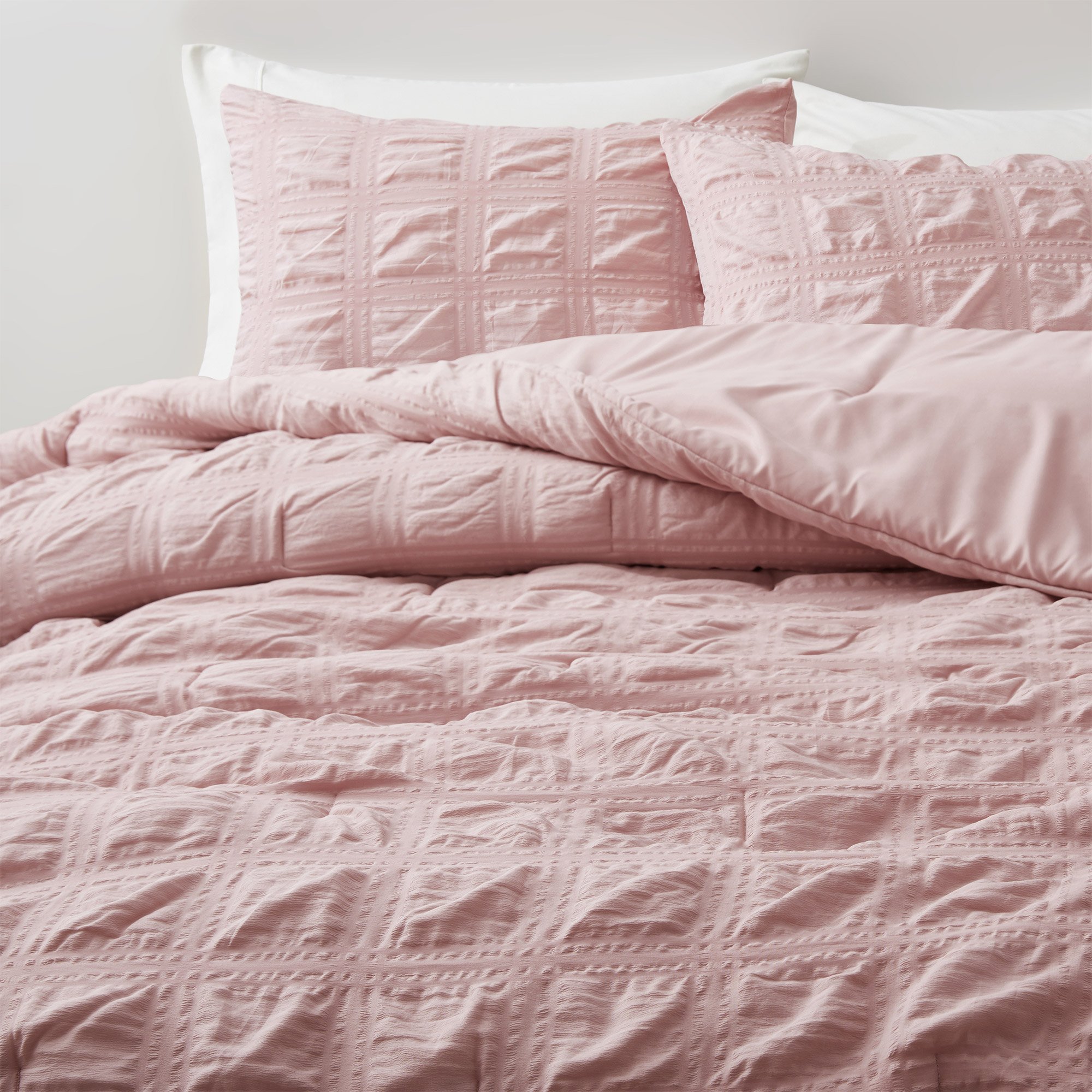 All Season Crinkle Textured Down Alternative Comforter Set-Seersucker Bedding Set - Pink, Twin