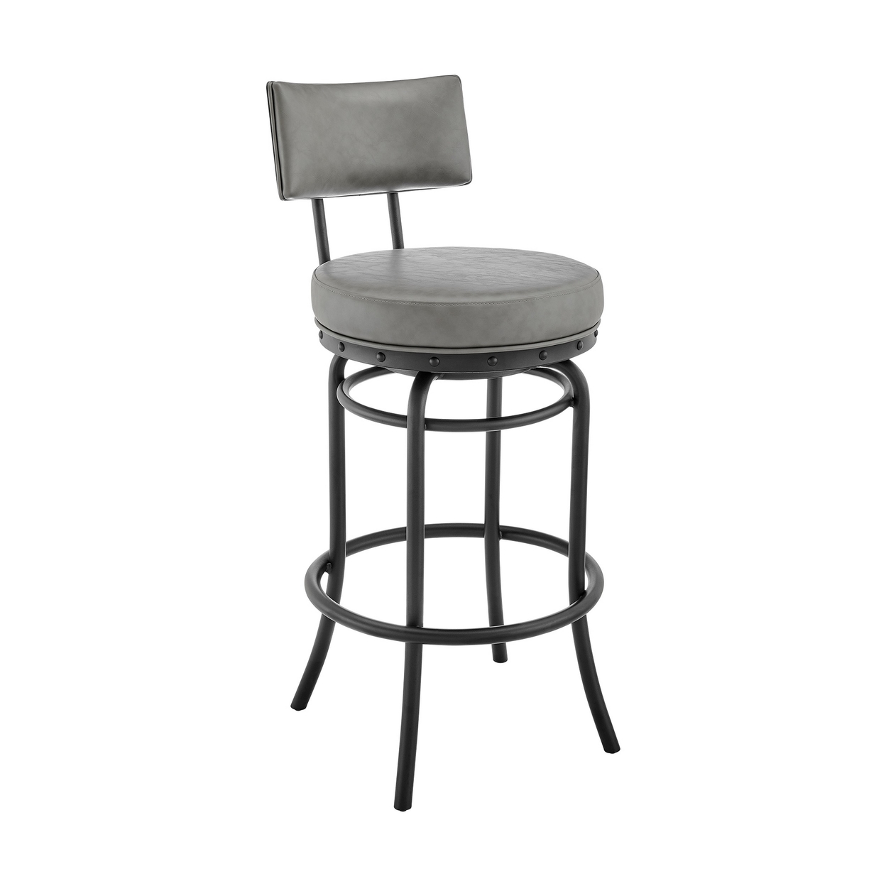 Felicity 30 Inch Round Swivel Bar Stool Chair, Gray Faux Leather Cushions- Saltoro Sherpi