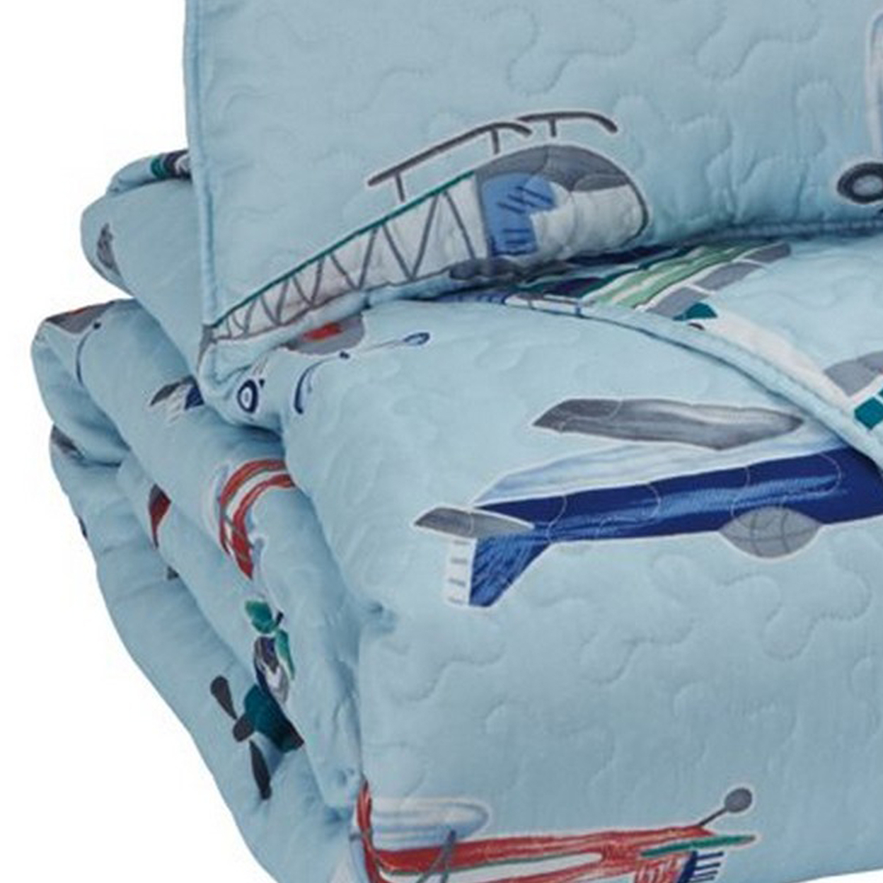 Aircraft Print Fabric Upholstered 2 Piece Twin Quilt Set, Multicolor- Saltoro Sherpi