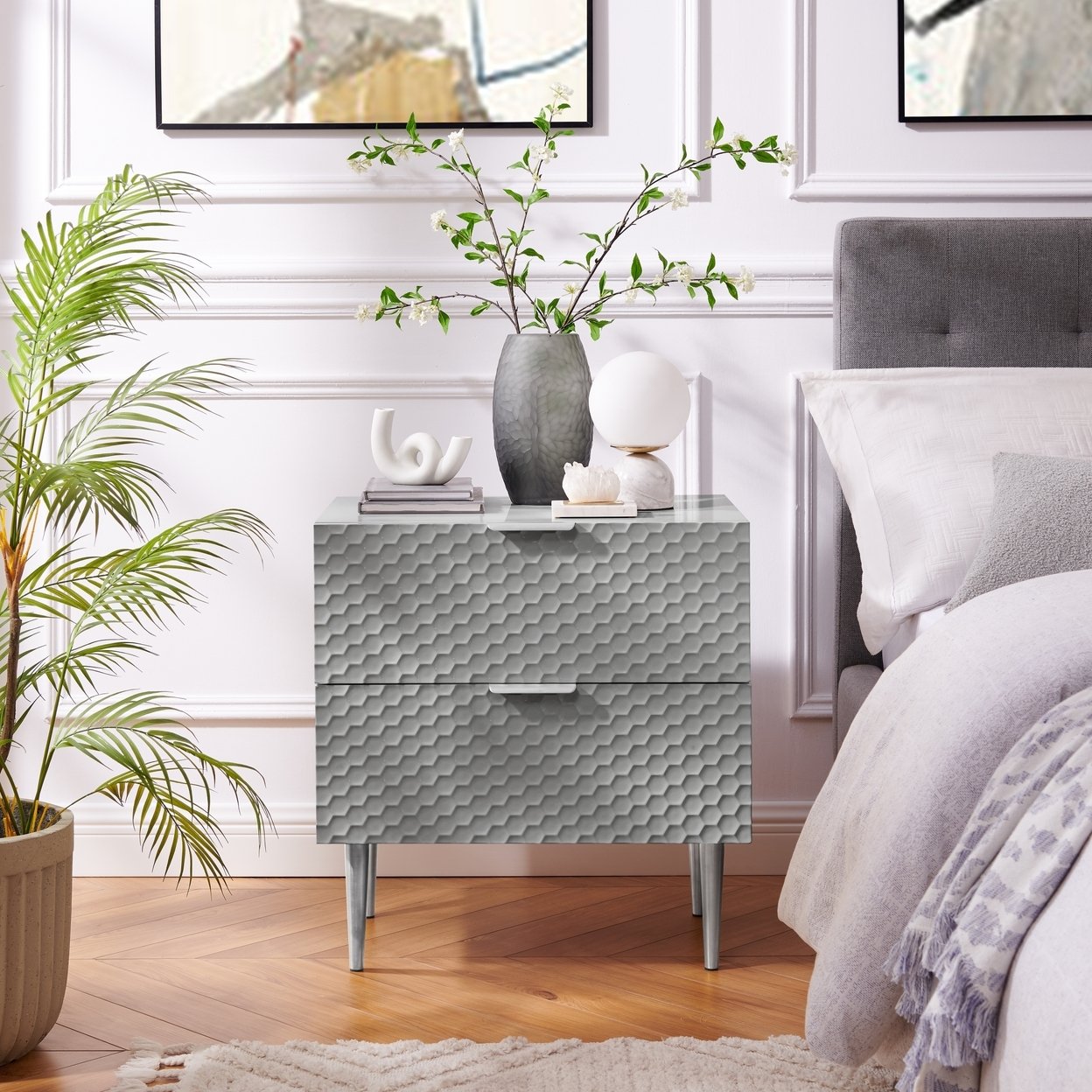 Bram Table - 2 Drawers, Tapered Legs, Lacquer Finish, Minimalist Drawer Pulls, Geometric Textured Drawer Face - Grey/chrome