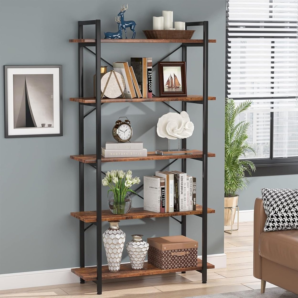 Tribesigns 5 Tier Black Bookshelf, Modern Etagere Bookcase With Metal Frame, Tall Book Shelf Unit - Rustic Brown, 1pc