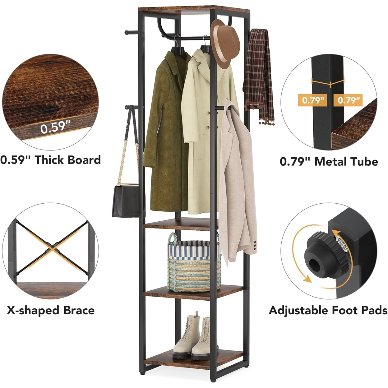 Tribesigns Coat Rack Freestanding With Shelves, Industrial Hall Tree With 4 Shelves And 8 Hooks - Rustic