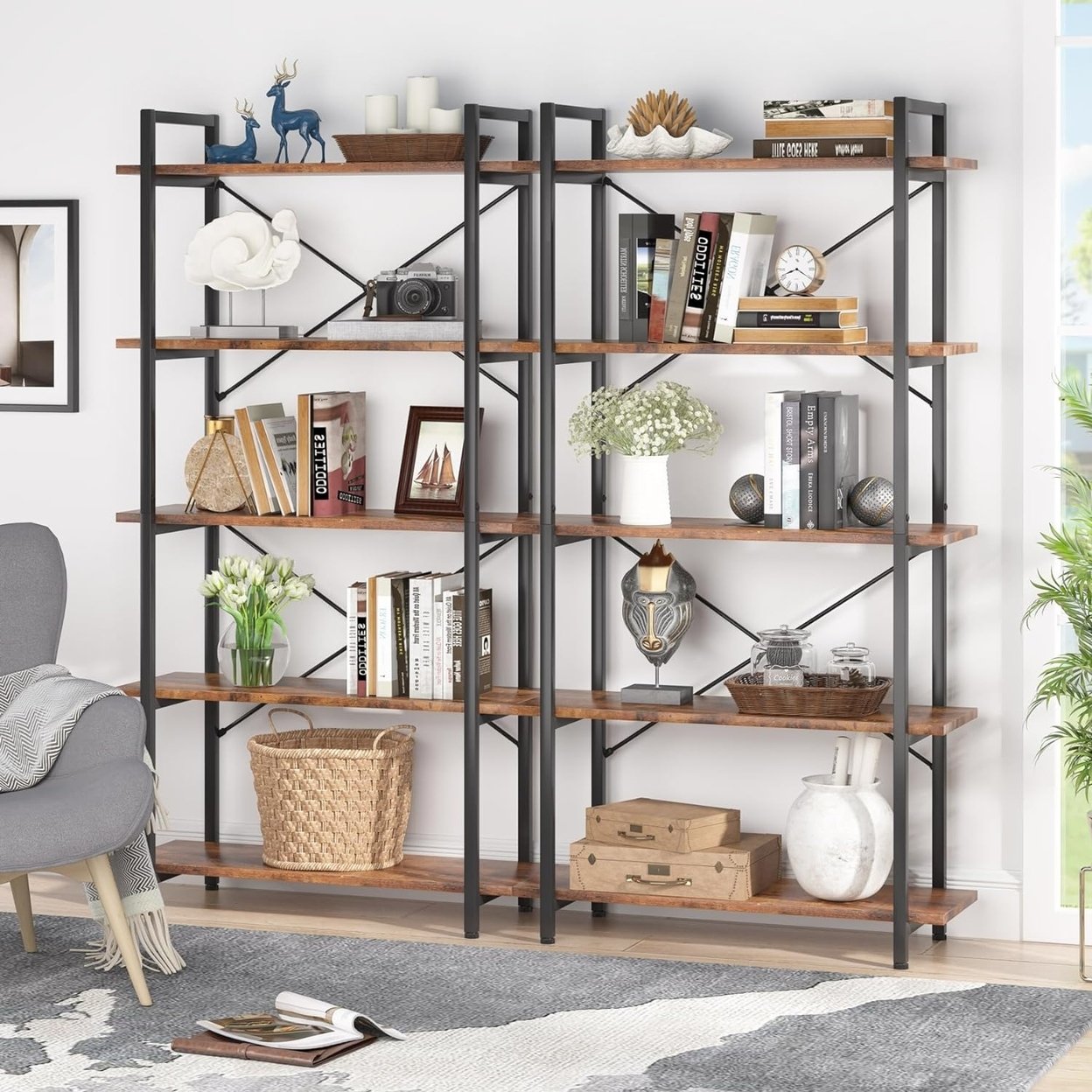 Tribesigns 5 Tier Black Bookshelf, Modern Etagere Bookcase With Metal Frame, Tall Book Shelf Unit - Rustic Brown, 2pcs