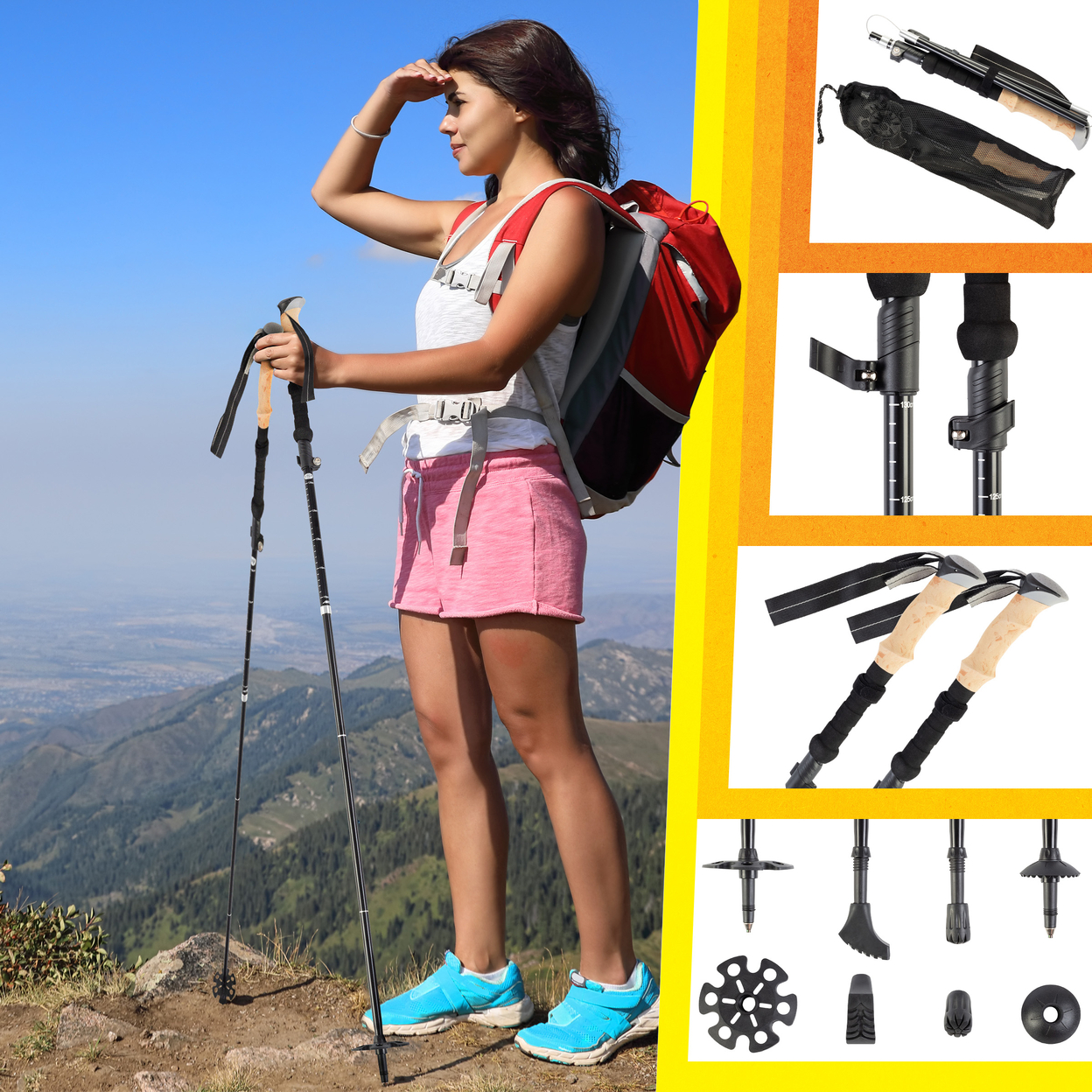 Collapsible Walking Sticks Set Of 2 Foldable Trekking Poles Hiking Gear, Black