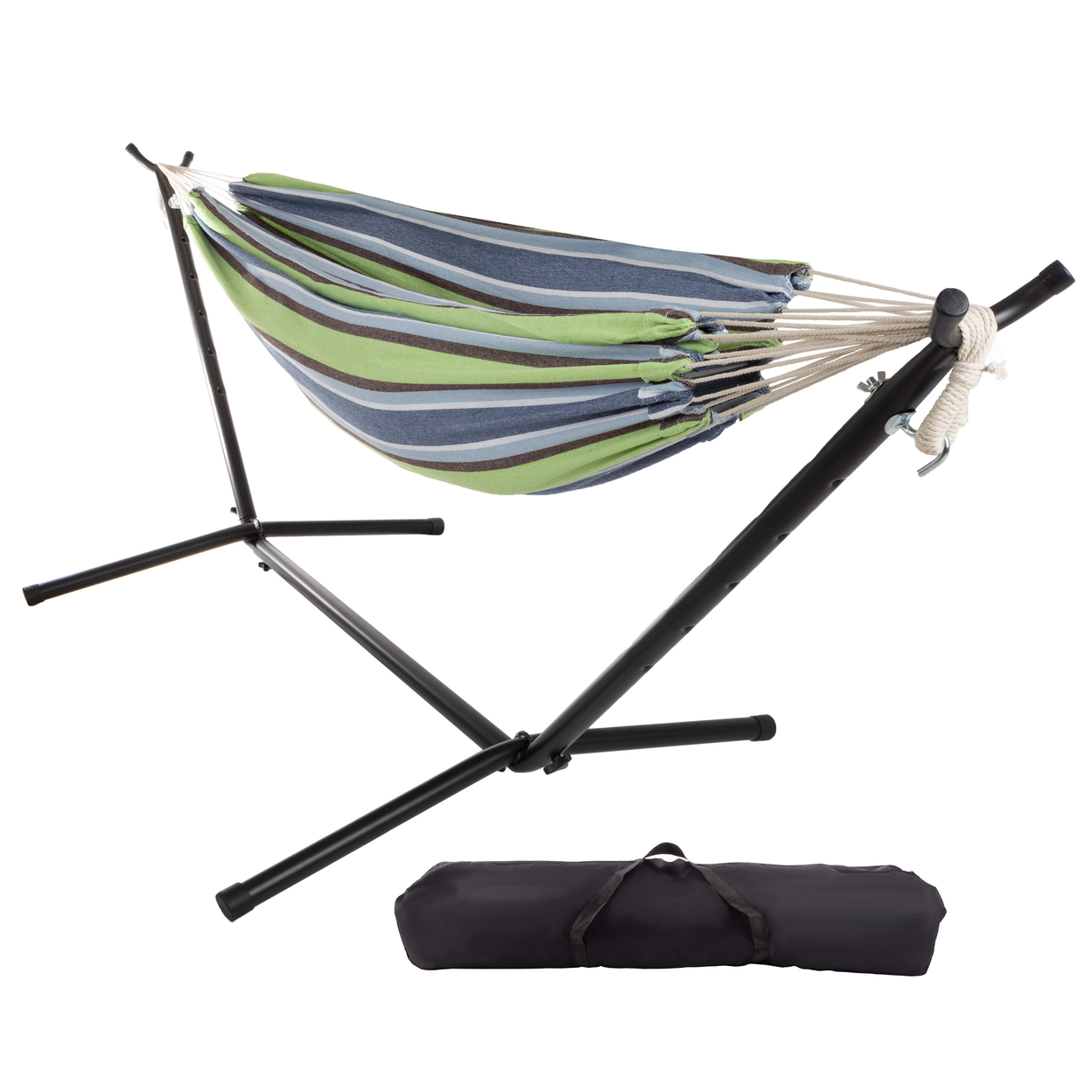 Double Hammock With Stand Carry Case Holds 400 Pounds Extra Wide - Blue, Lime, And White