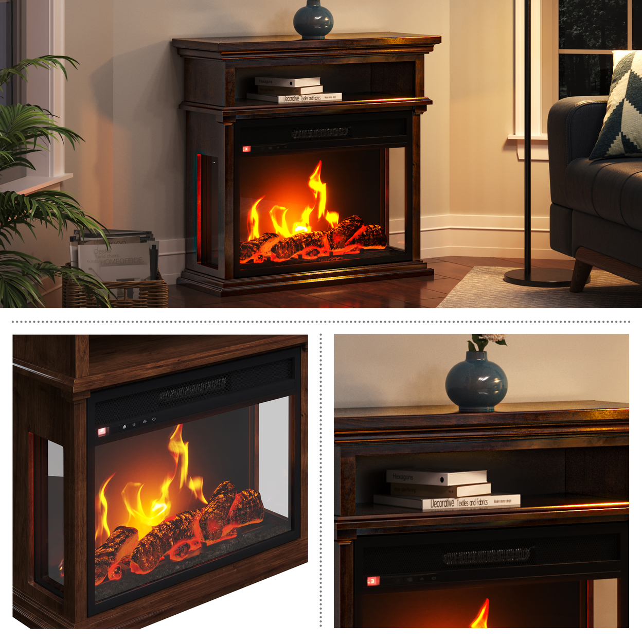 Electric Fireplace 3-Sided Heater With Mantel Shelf Remote LED Flames Faux Logs