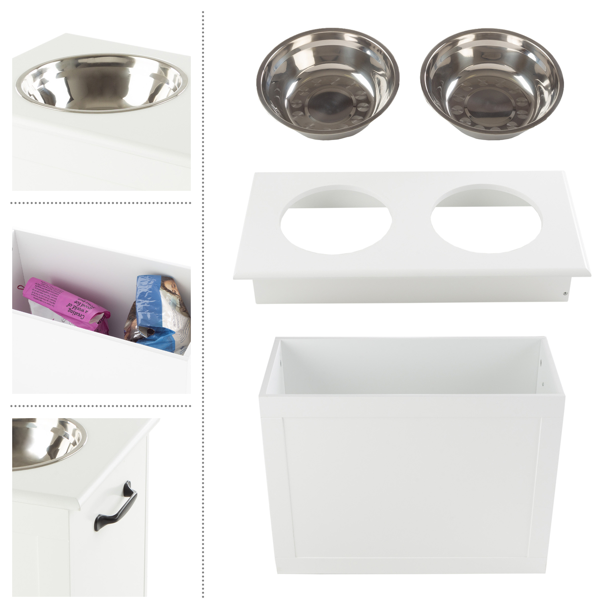 Elevated Dog Bowls Storage 16in Tall Feeding Tray Pet Supplies 50oz, White