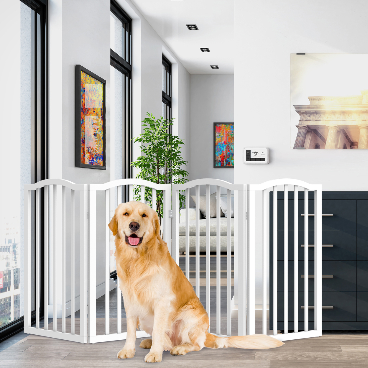 Indoor Wooden Dog Freestanding Gate For Doorways Stairs 4 Panel 32 Inch - White