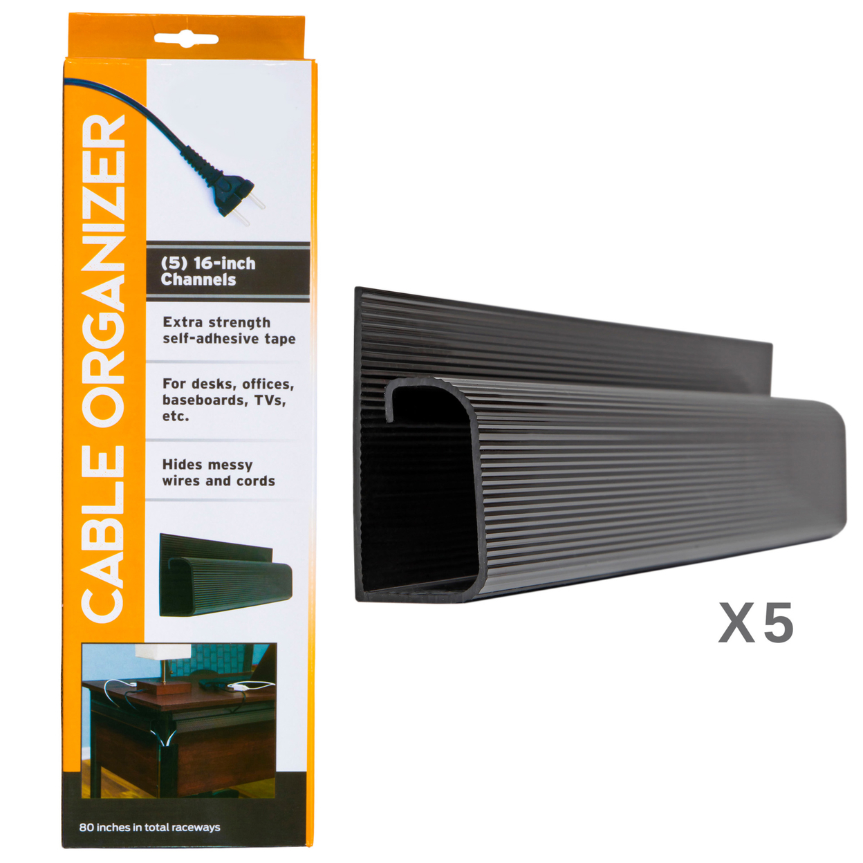 J Channel Cable Concealer Hides Cords Desk Office 16 Inches Each 5 Pack Black