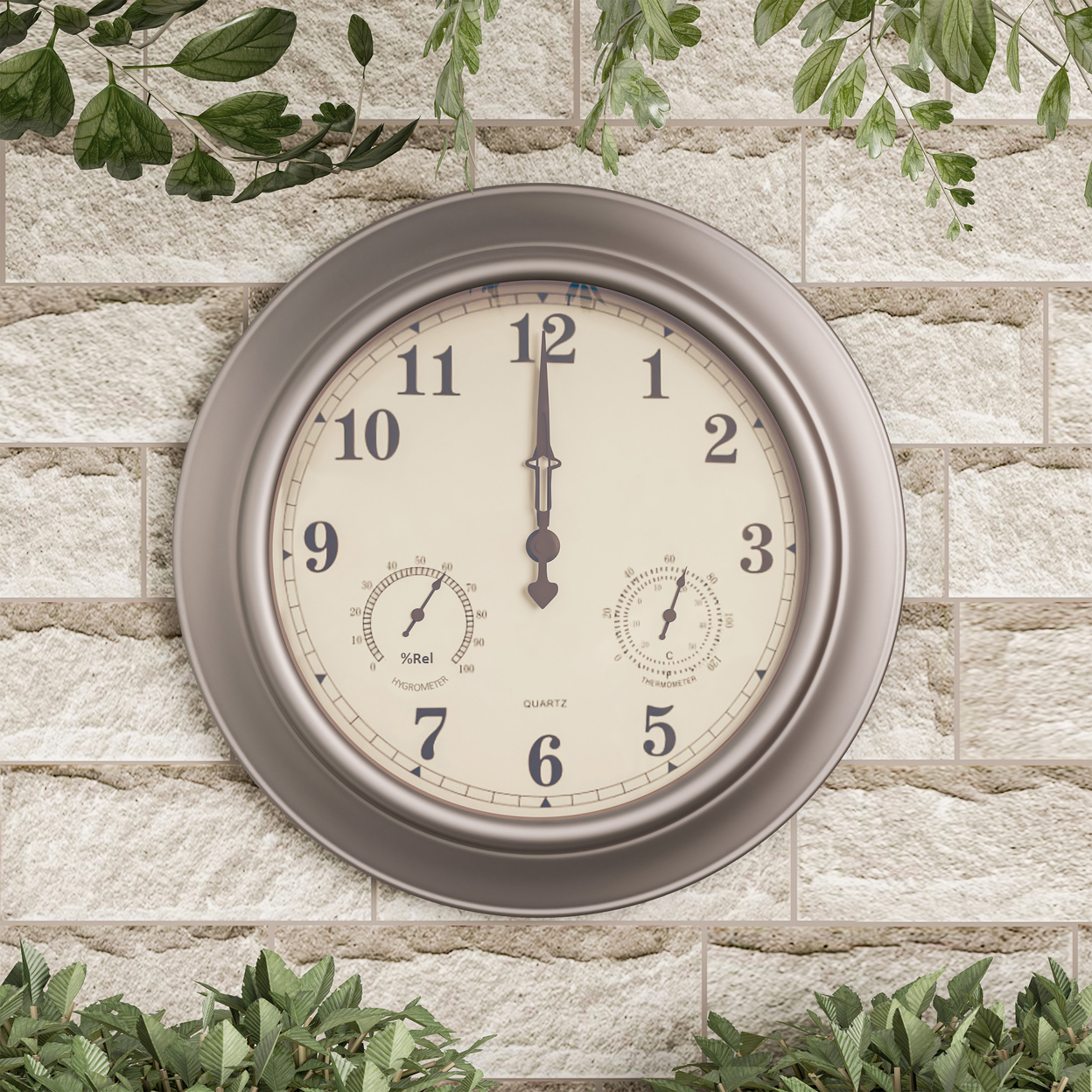 Patio Wall Clock Thermometer-Indoor Outdoor Decorative 18 Inch Silver