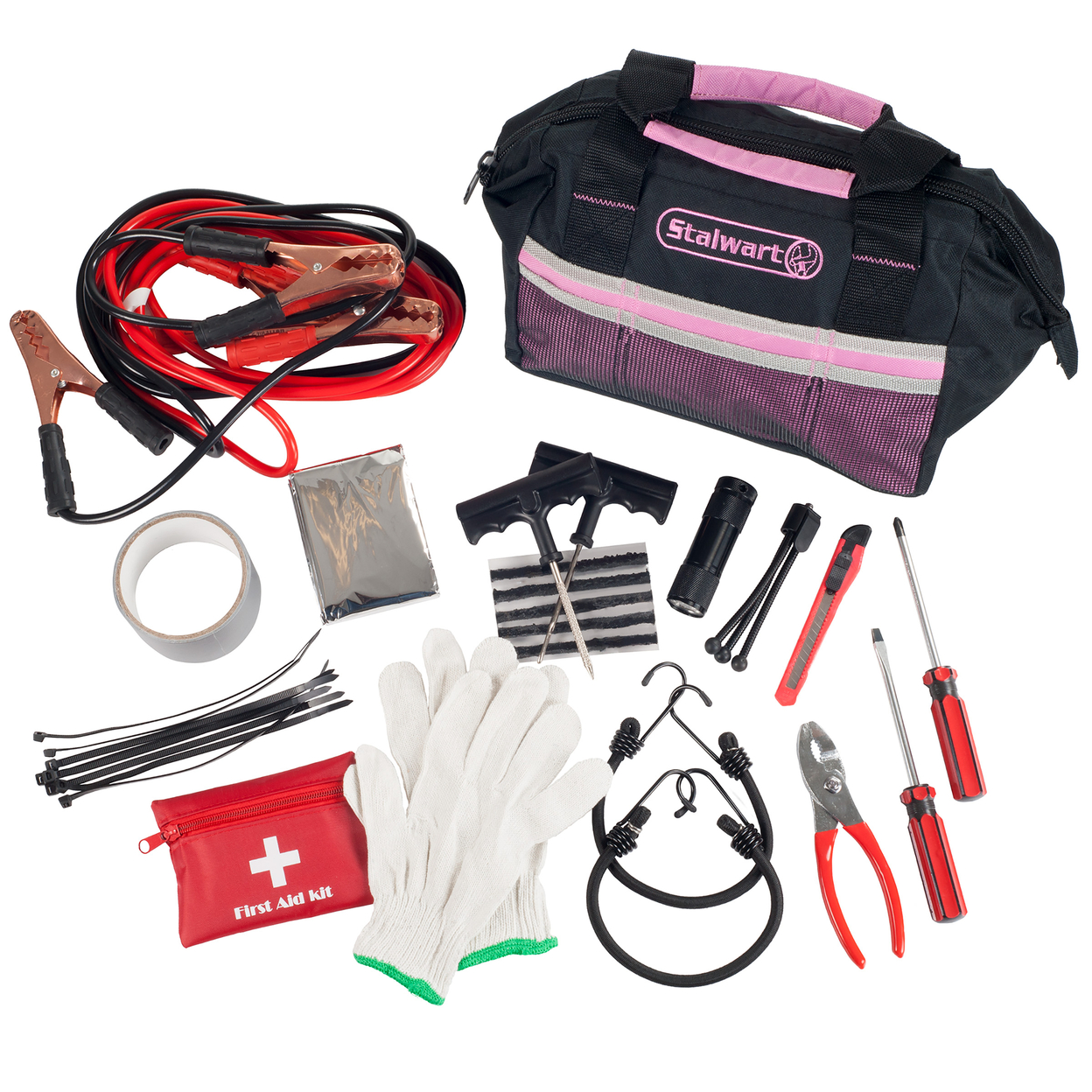 Pink Emergency Roadside Kit Jumper Cables Blanket Tools Trunk Car Safety
