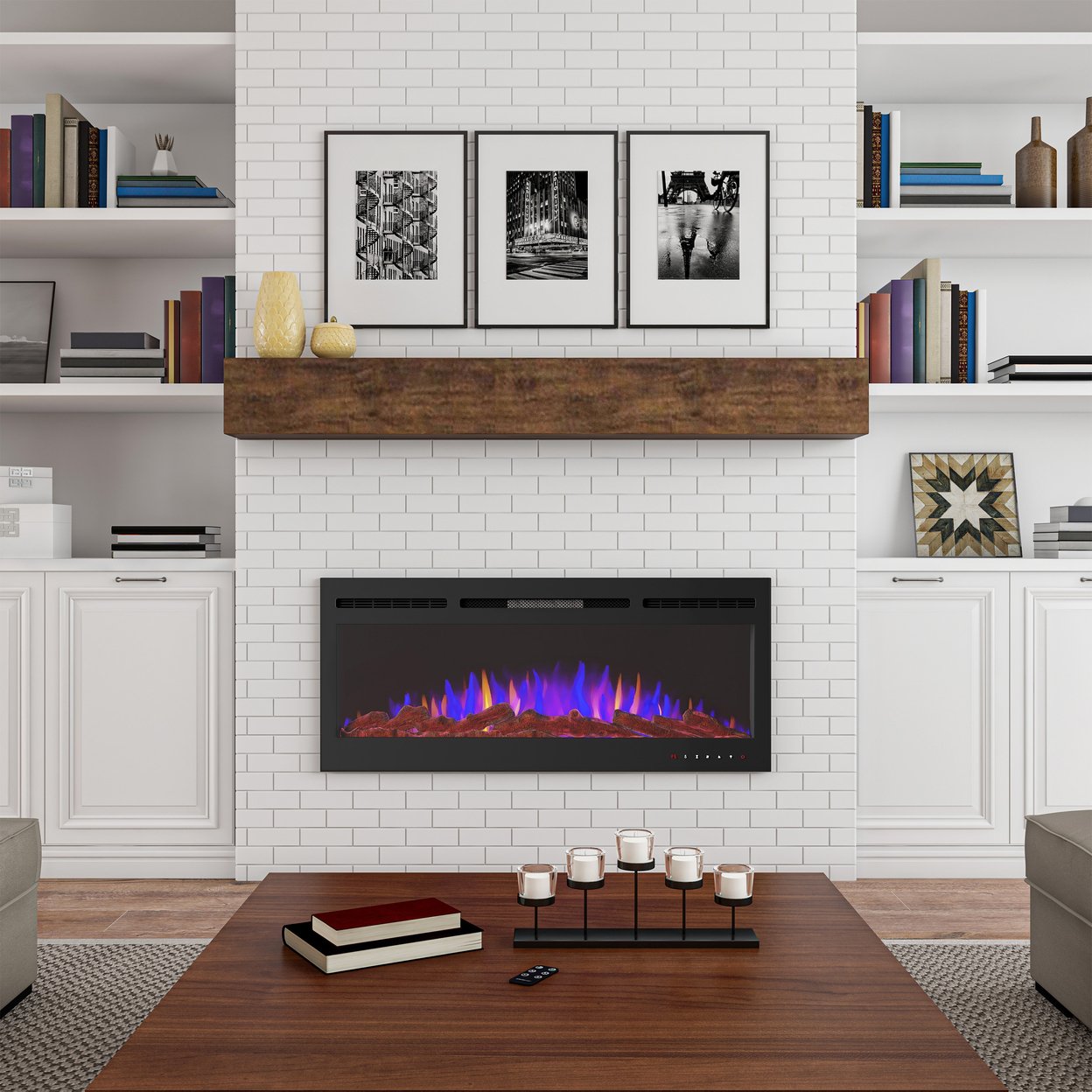 Stainless Black Electric Fireplace Recessed Wall 50 Inch Front Vent LED 1500W