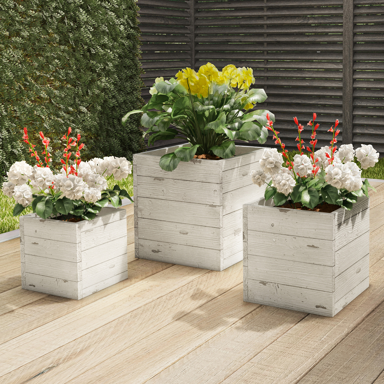 Square Fiber Clay Planter Set 3-Piece Varying Height Rustic Wood Look Pots