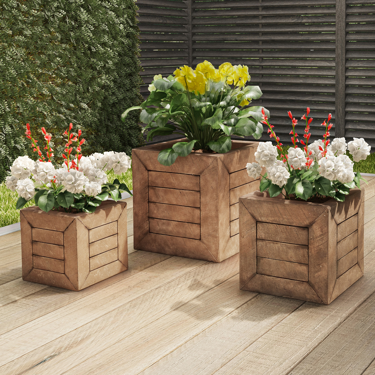 Square Fiber Clay Planter Set 3-Piece Varying Height Rustic Wood Look