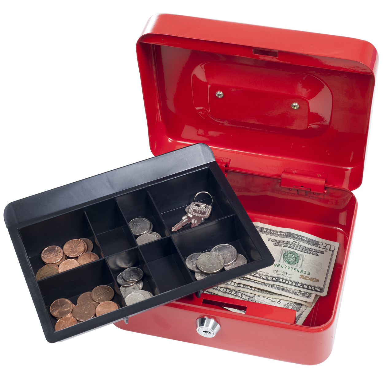 Lockbox Safe With Coin Compartment Tray- Secure Coated Metal Cash Box Safe, Red