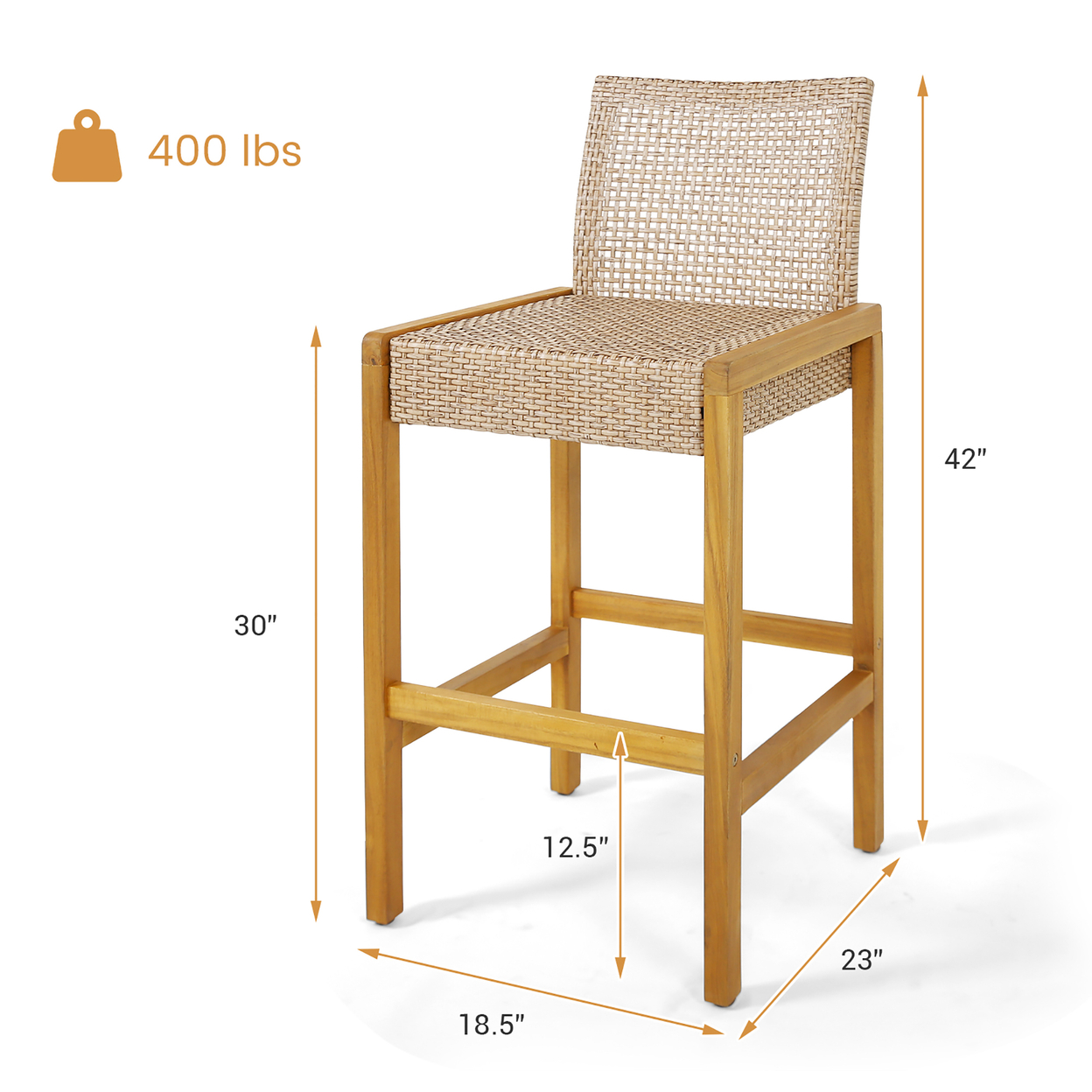 Wicker Bar Stools Set Of 2 Patio Chairs W/ Solid Wood Frame Ergonomic Footrest Light Brown