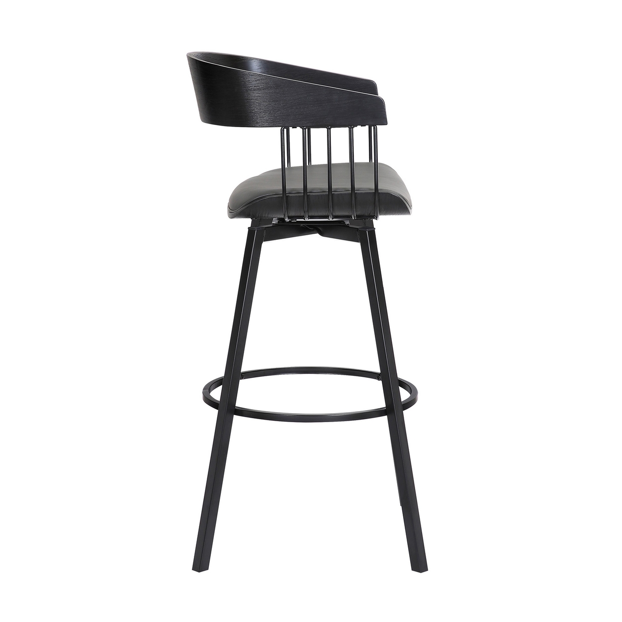 Vera 31 Inch Swivel Barstool Chair, Curved Back, Black, Gray Faux Leather - Saltoro Sherpi