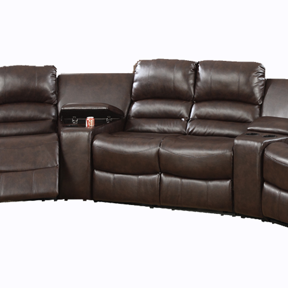 Bonded Leather Motional Home Theater 5 Piece Sectional Brown- Saltoro Sherpi