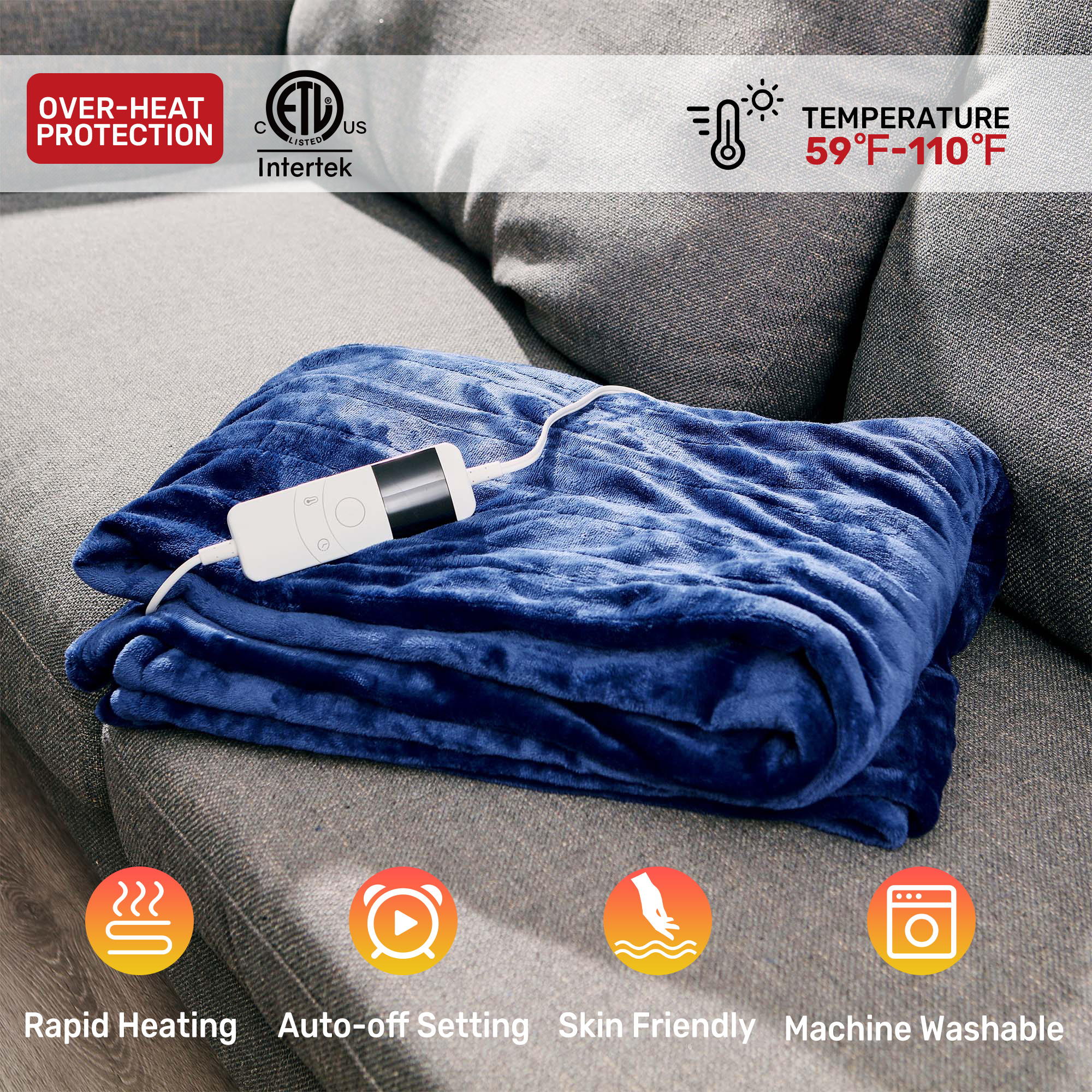 60''x50'' Flannel Electric Heated Blanket With 10 Heating Levels, Auto Shut-Off Flush Heated Throw Blanket - Navy, 50 In X 60 In