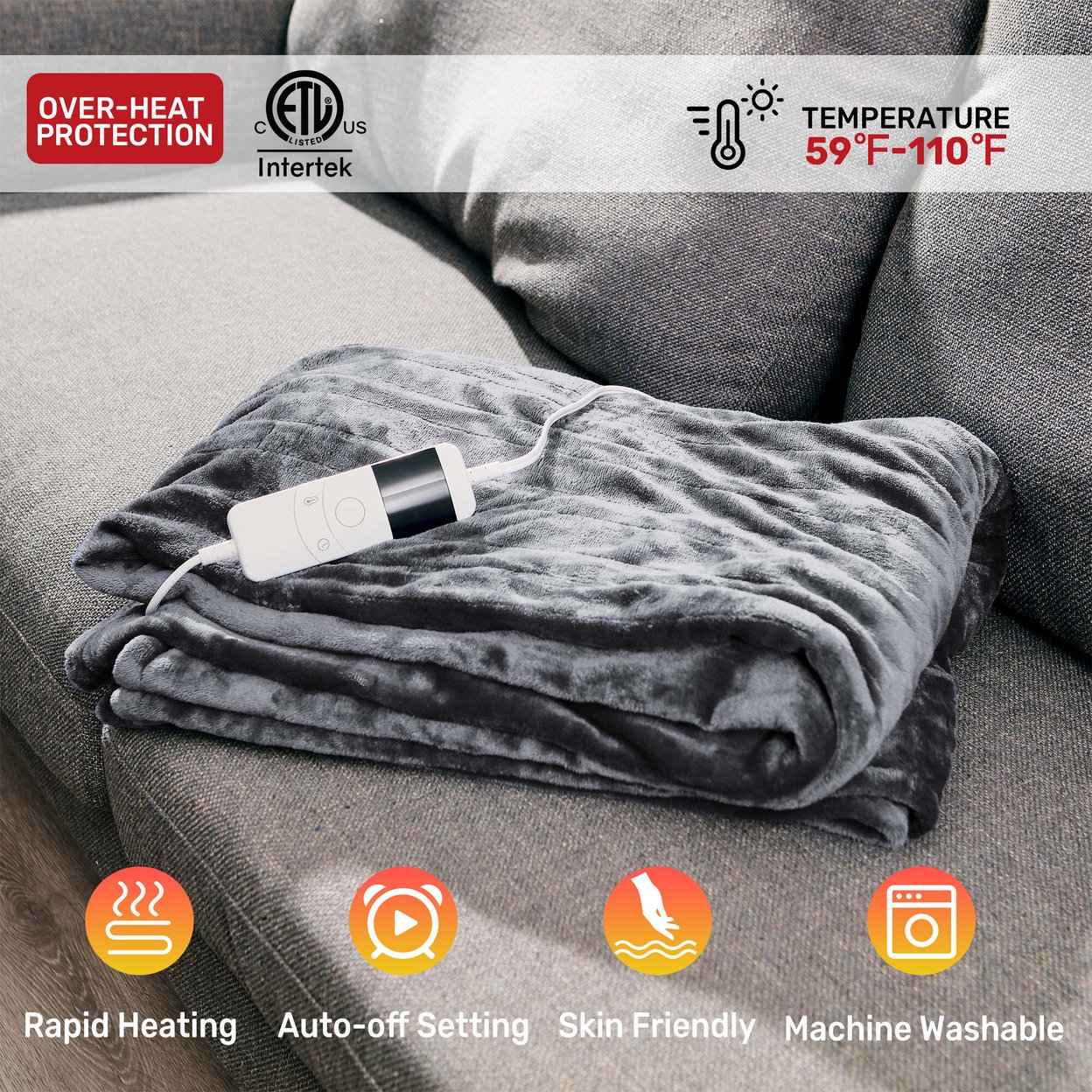 60''x50'' Flannel Electric Heated Blanket With 10 Heating Levels, Auto Shut-Off Flush Heated Throw Blanket - Gray, 50 In X 60 In