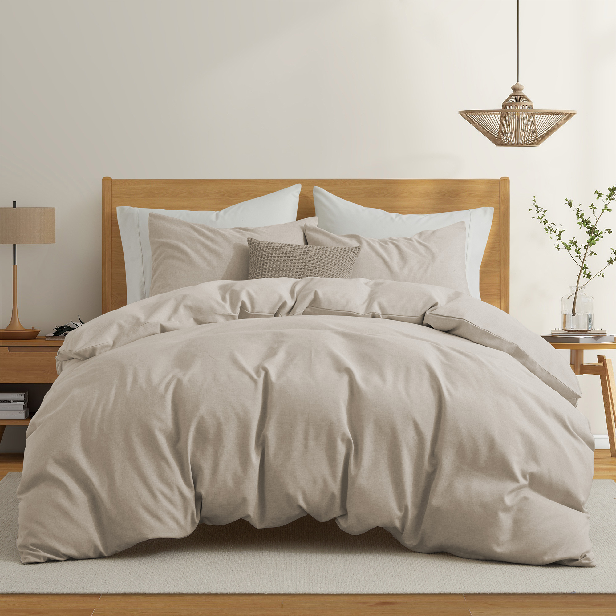 Ultimate Luxury Bedding Bundle: All Season Goose Down Comforter, 2 Pack Gusset Pillows, And Faux Linen Duvet Cover Set - Cream Bundles Optio