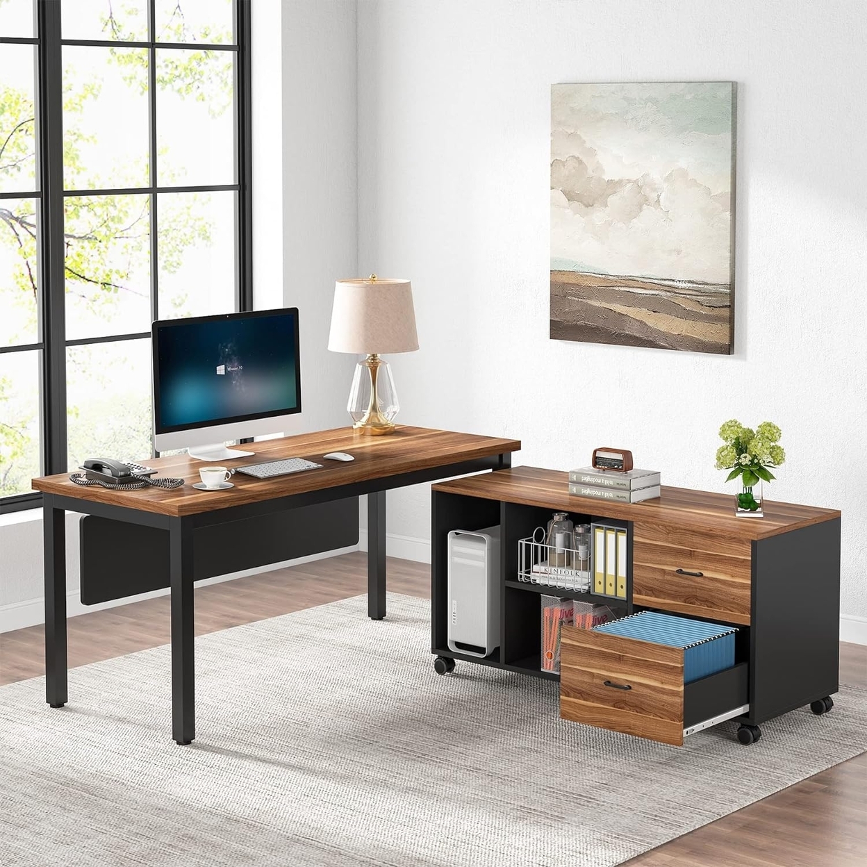 Tribesigns 55 Executive Desk With File Cabinet, L Shaped Computer Desk With 2 Drawers, Industrial Office Desk Business Furniture Sets