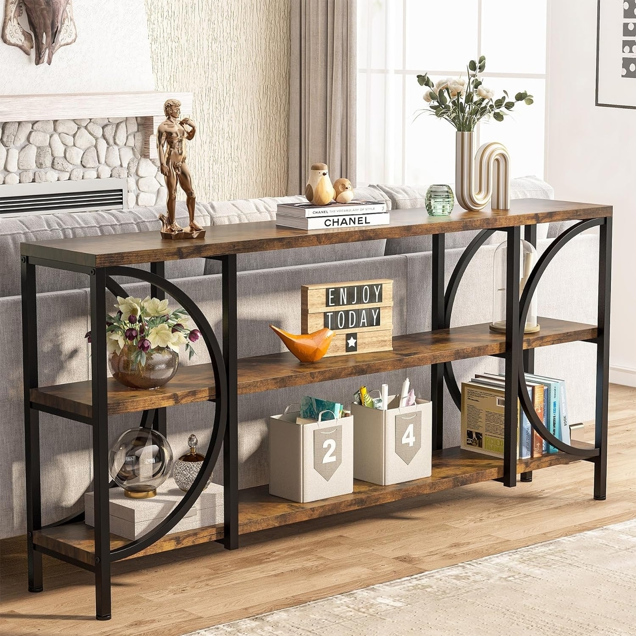 Tribesigns 70.9 Extra Long Sofa Table, 3 Tier Narrow Console Table With Storage Shelves, Industrial Entryway Table - Brown