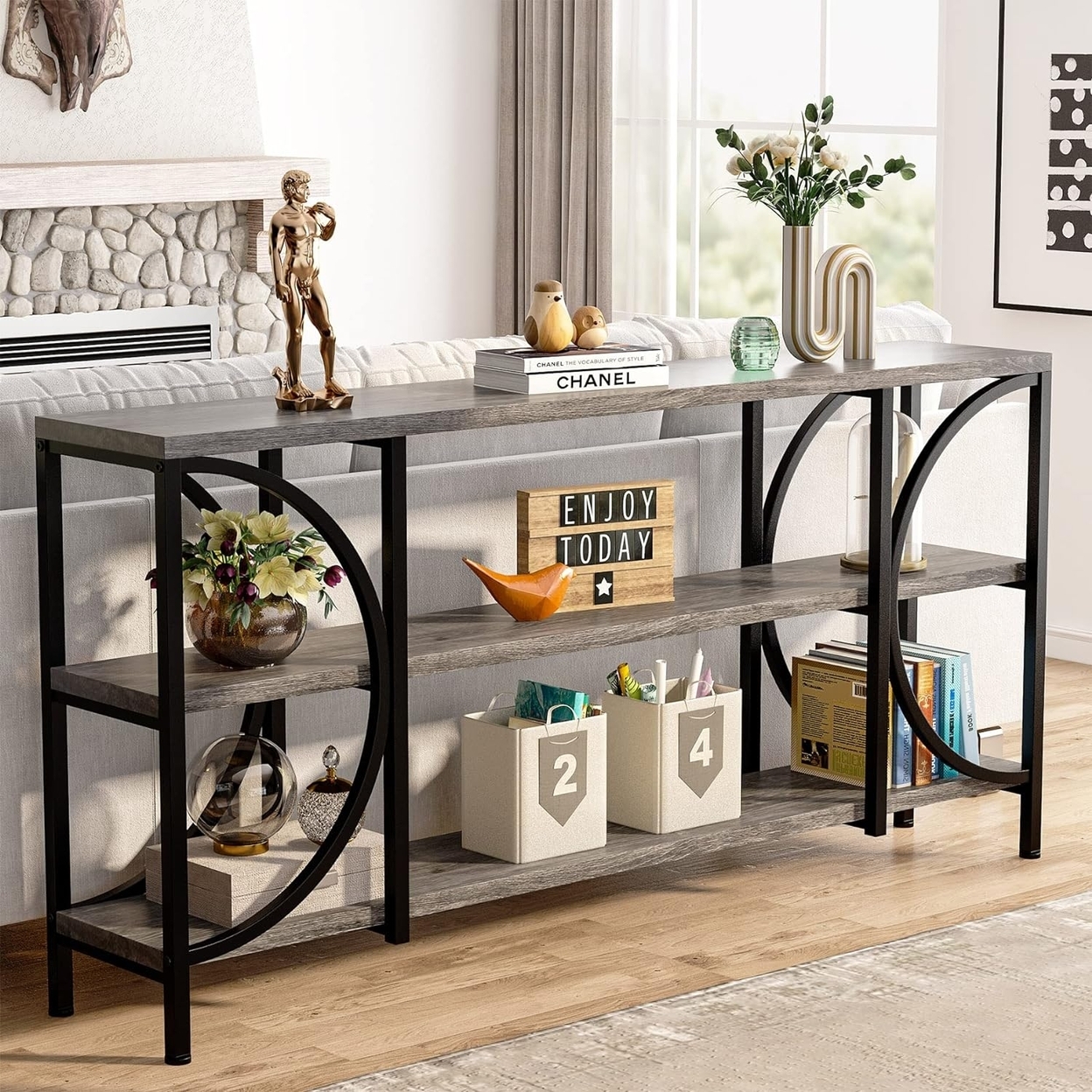 Tribesigns 70.9 Extra Long Sofa Table, 3 Tier Narrow Console Table With Storage Shelves, Industrial Entryway Table - Grey