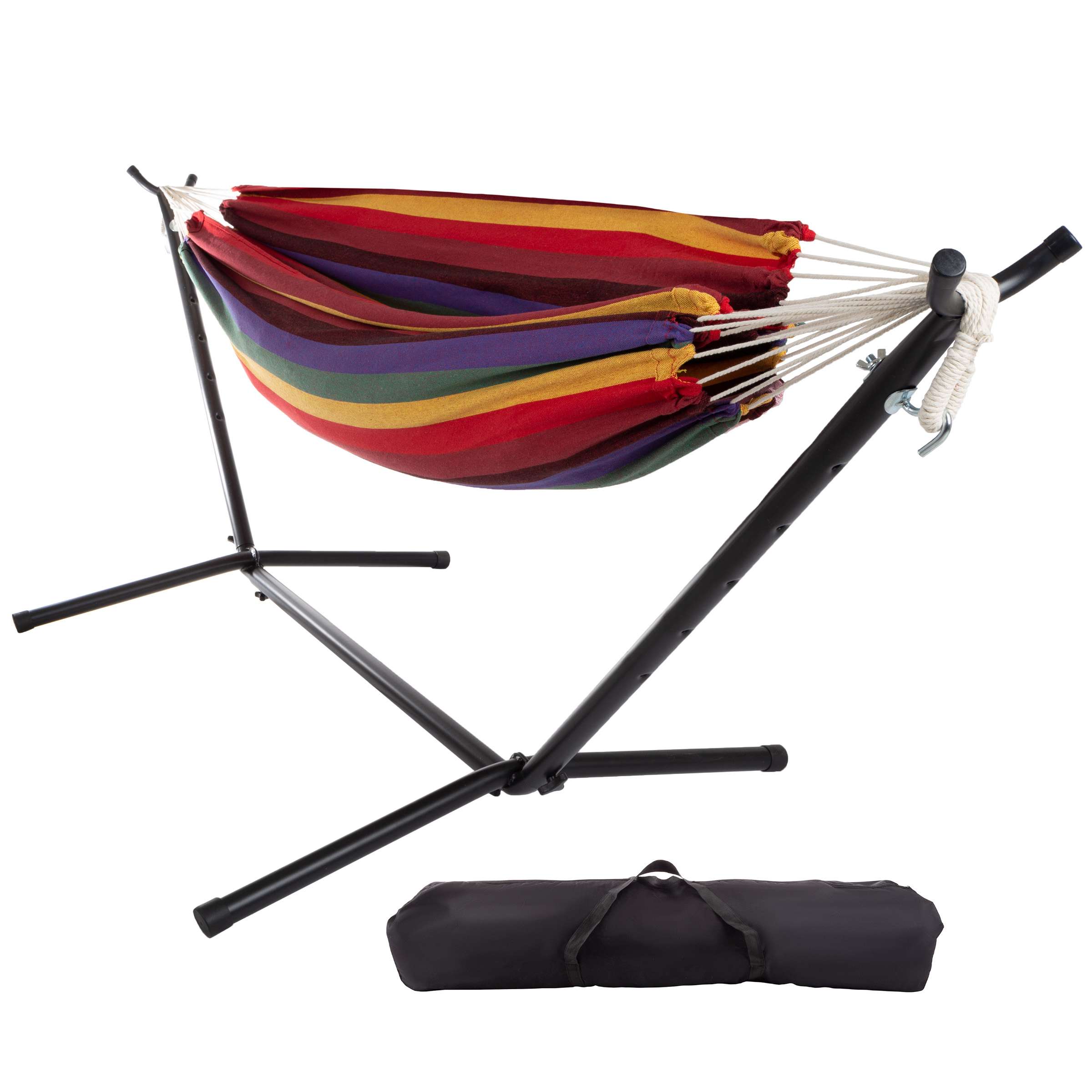 Double Hammock With Stand Carry Case Holds 400 Pounds Extra Wide - Red, Purple, And Yellow