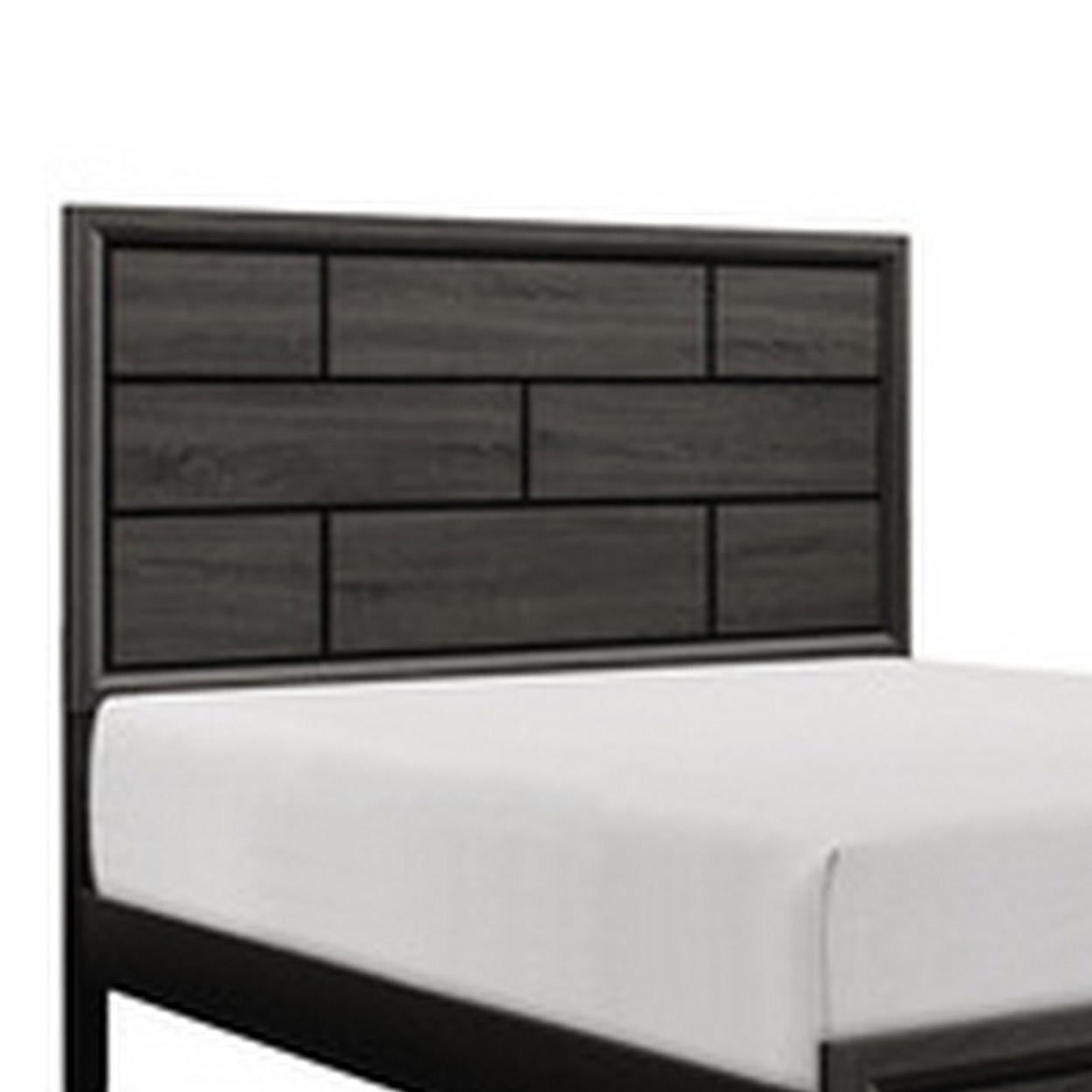 Ameya Modern Queen Bed, Brick Pattern Headboard, Printed Wood Grain, Gray- Saltoro Sherpi