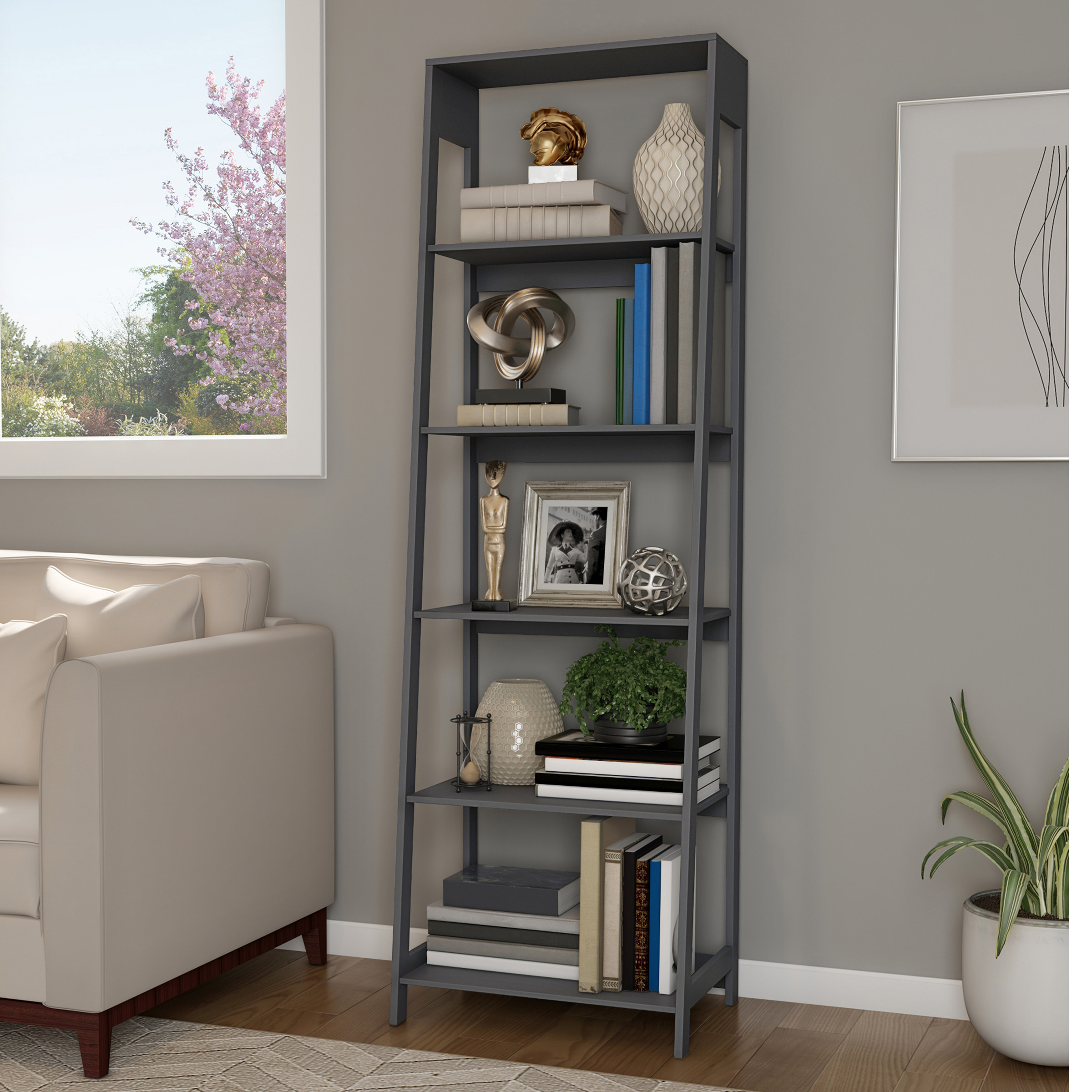 5-Tier Ladder Bookshelf - Freestanding Wooden Bookcase Decorative Shelves - Gray