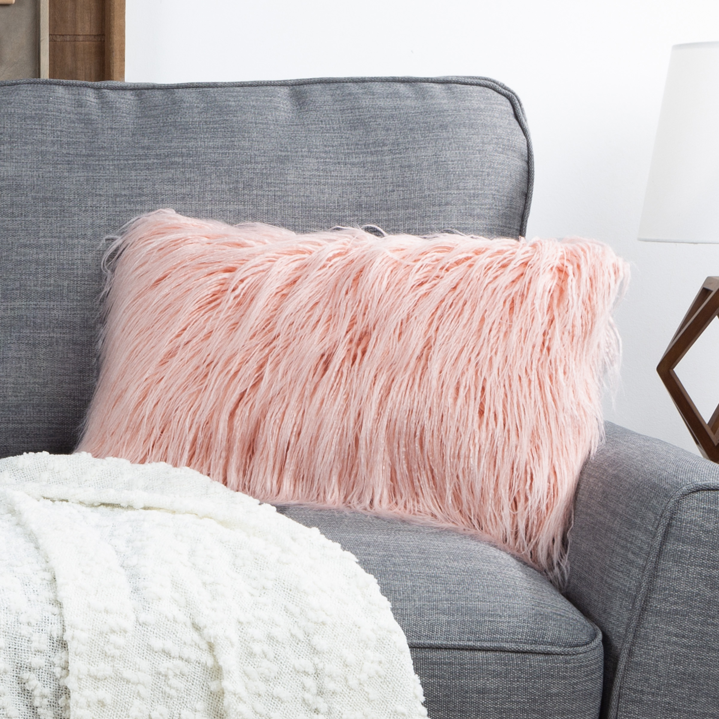 20 X 12 Inch Mongolian Faux Fur Throw Accent Pillow 6 Inches Thick Shag Style - Pink