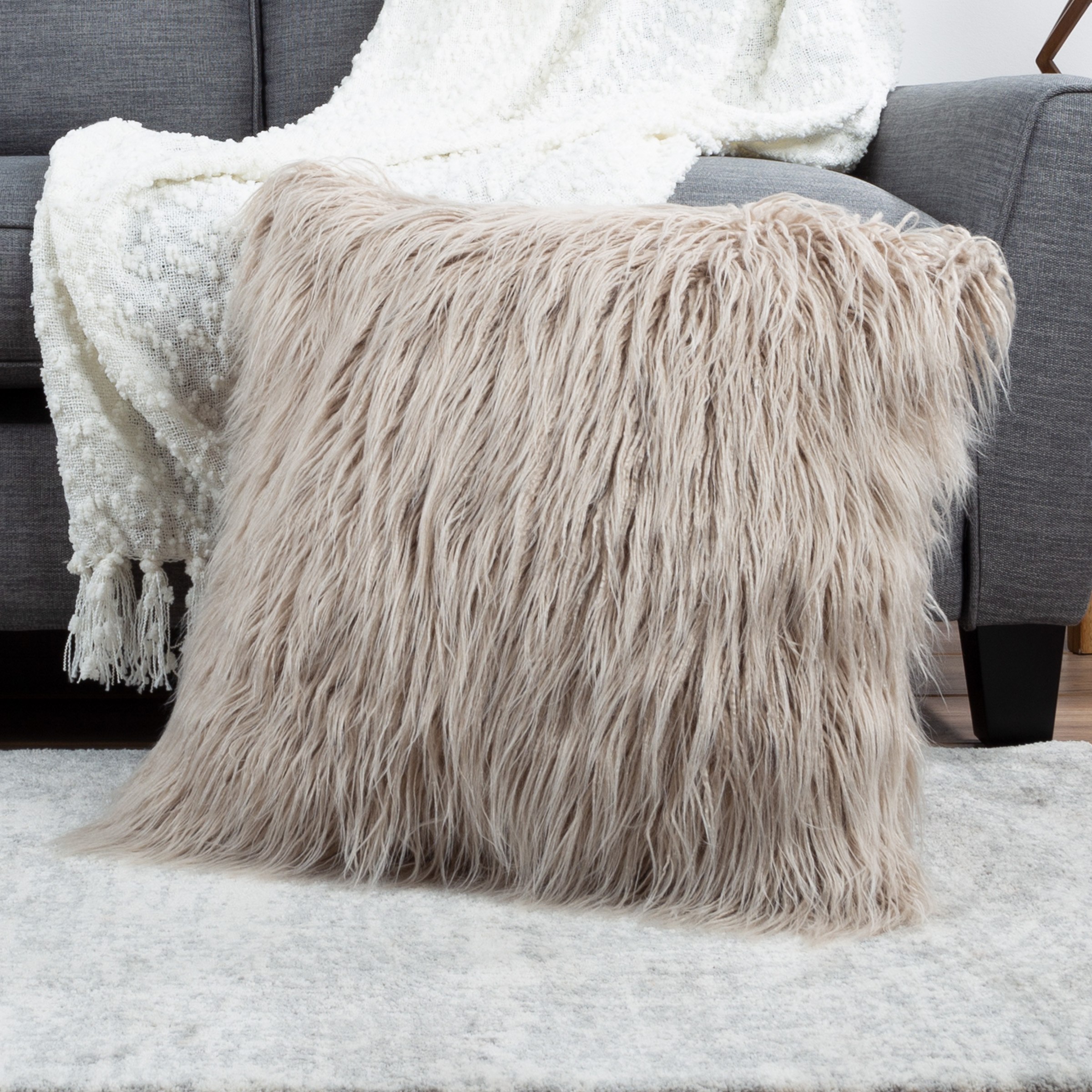 22 In Mongolian Faux Fur Throw Accent Pillow 7 In Thick Square Shag Style XL - Coffee