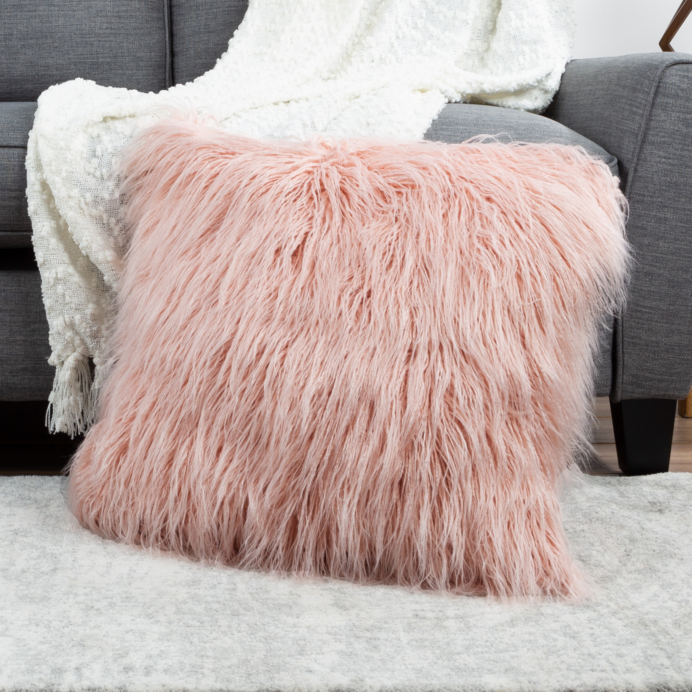 22 In Mongolian Faux Fur Throw Accent Pillow 7 In Thick Square Shag Style XL - Pink