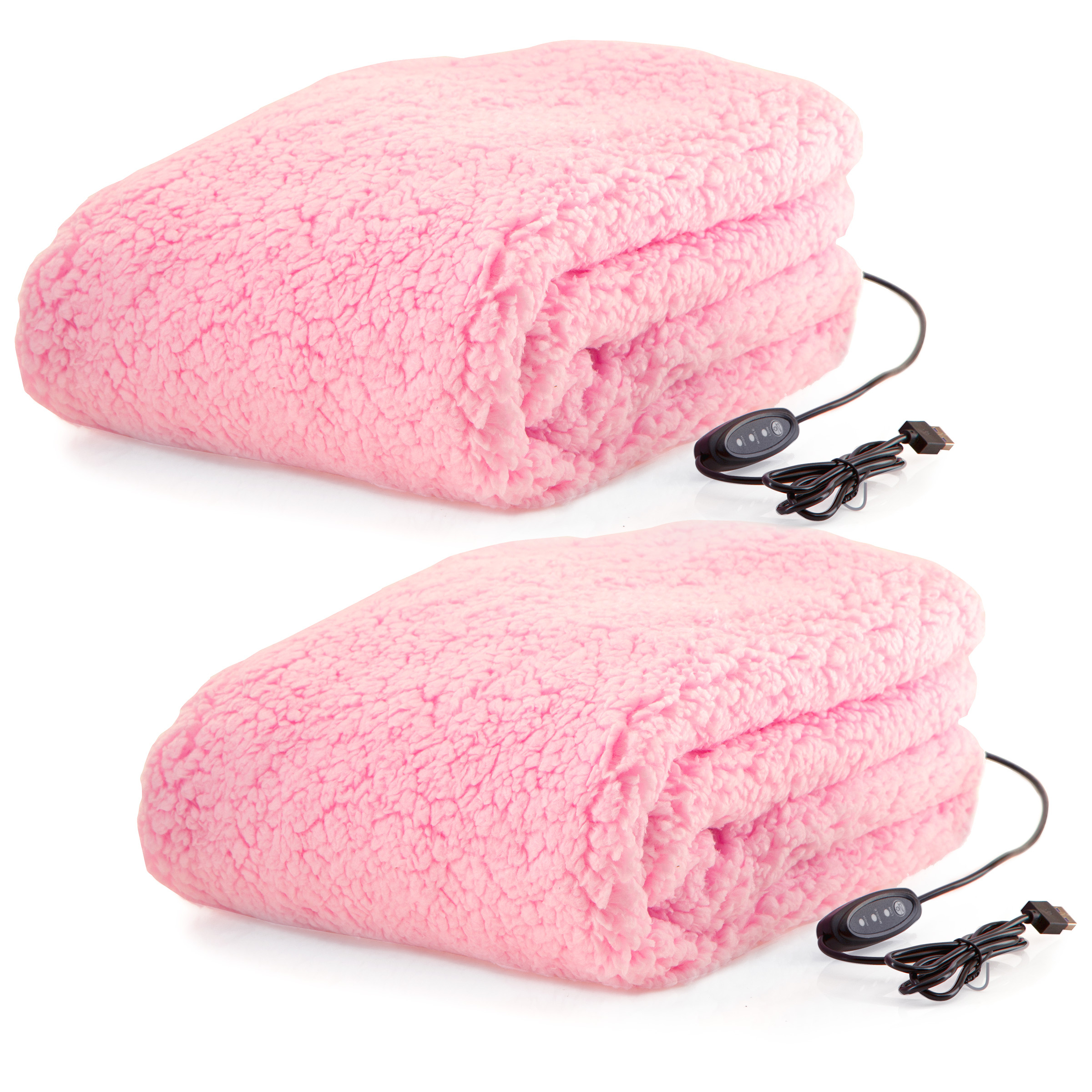 2Pack Heated Blanket USB-Powered Sherpa Throw Blankets Winter Car Accessories - Pink