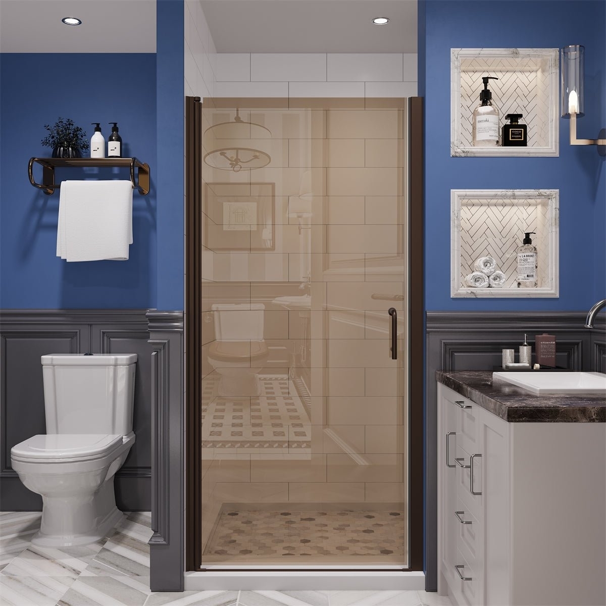 Chic 36 X 72 Pivot Frameless Shower Door,Tempered Clear Glass,Amber Color,Bronze Finish