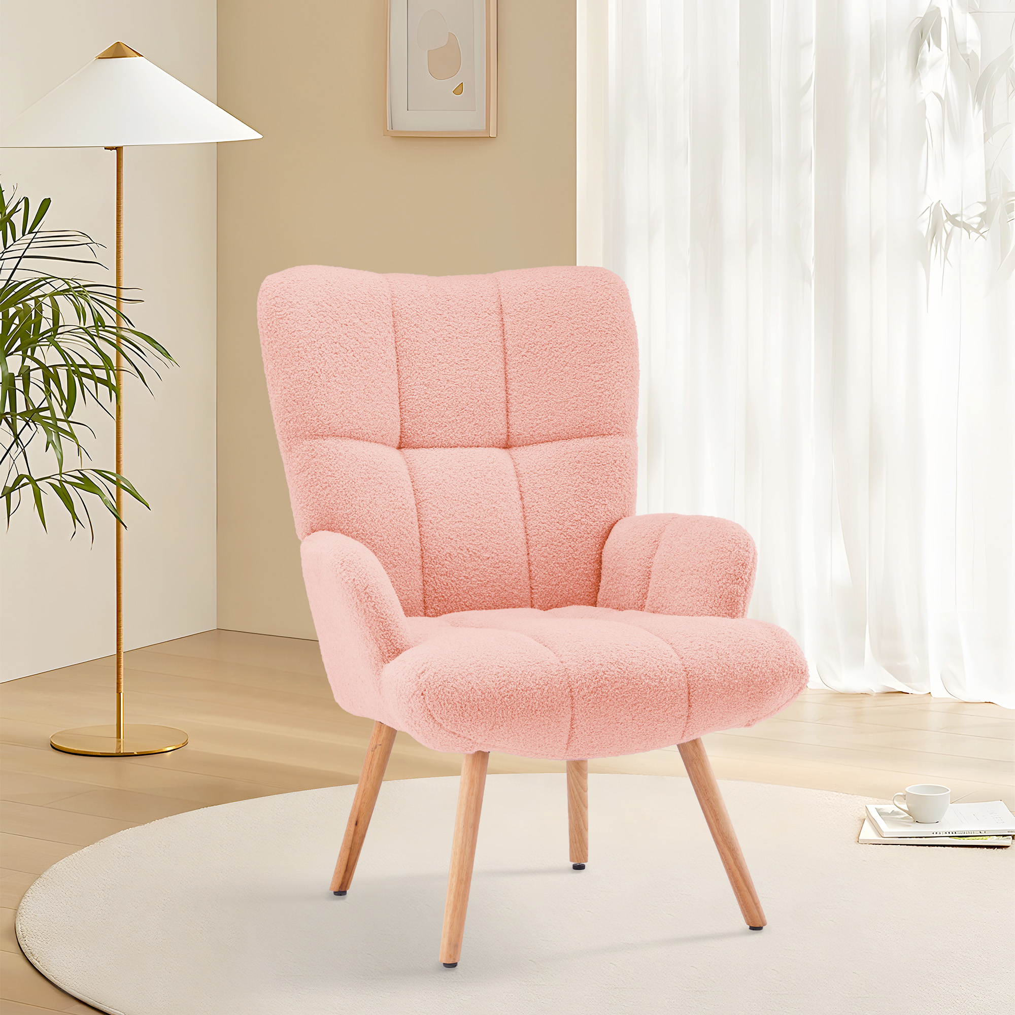 Mordern Accent Chair, Upholstered High Back Comfy Living Room Chair, Wingback Armchair, Basic Teddy Velvet Chair - White