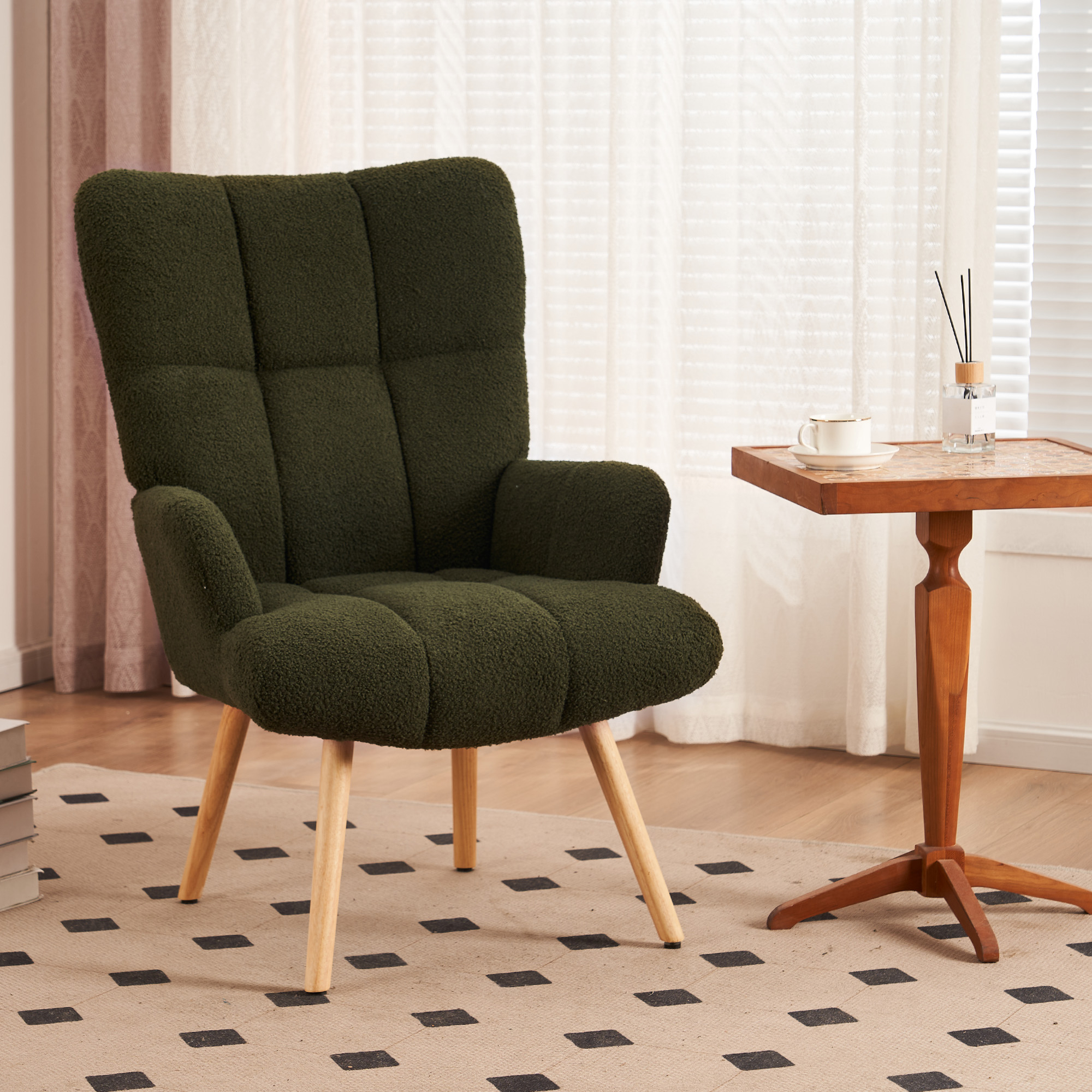 Mordern Accent Chair, Upholstered High Back Comfy Living Room Chair, Wingback Armchair, Basic Teddy Velvet Chair - Green