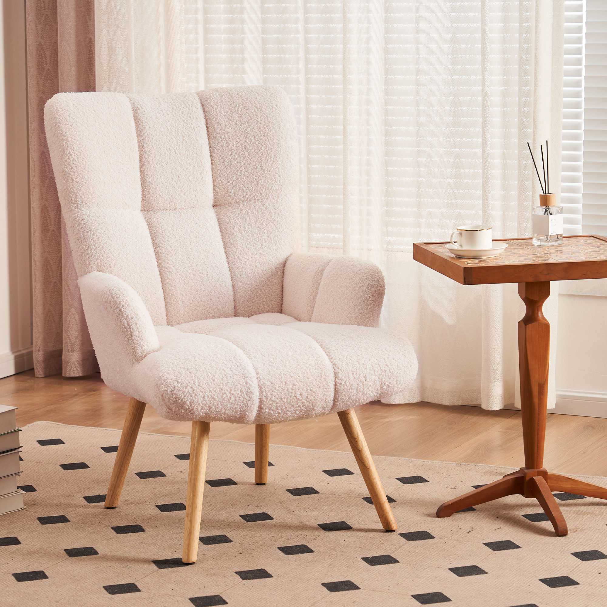 Mordern Accent Chair, Upholstered High Back Comfy Living Room Chair, Wingback Armchair, Basic Teddy Velvet Chair - White